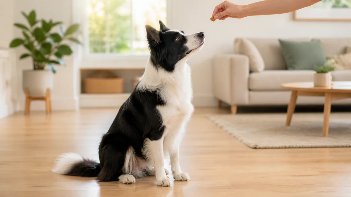 a medium-sized dog with a striking black-and-white double coat and erect pointed ears sitting in a perfect upright sit on a light hardwood floor looking up at a person hand holding a small treat in a bright modern living room with warm natural window light