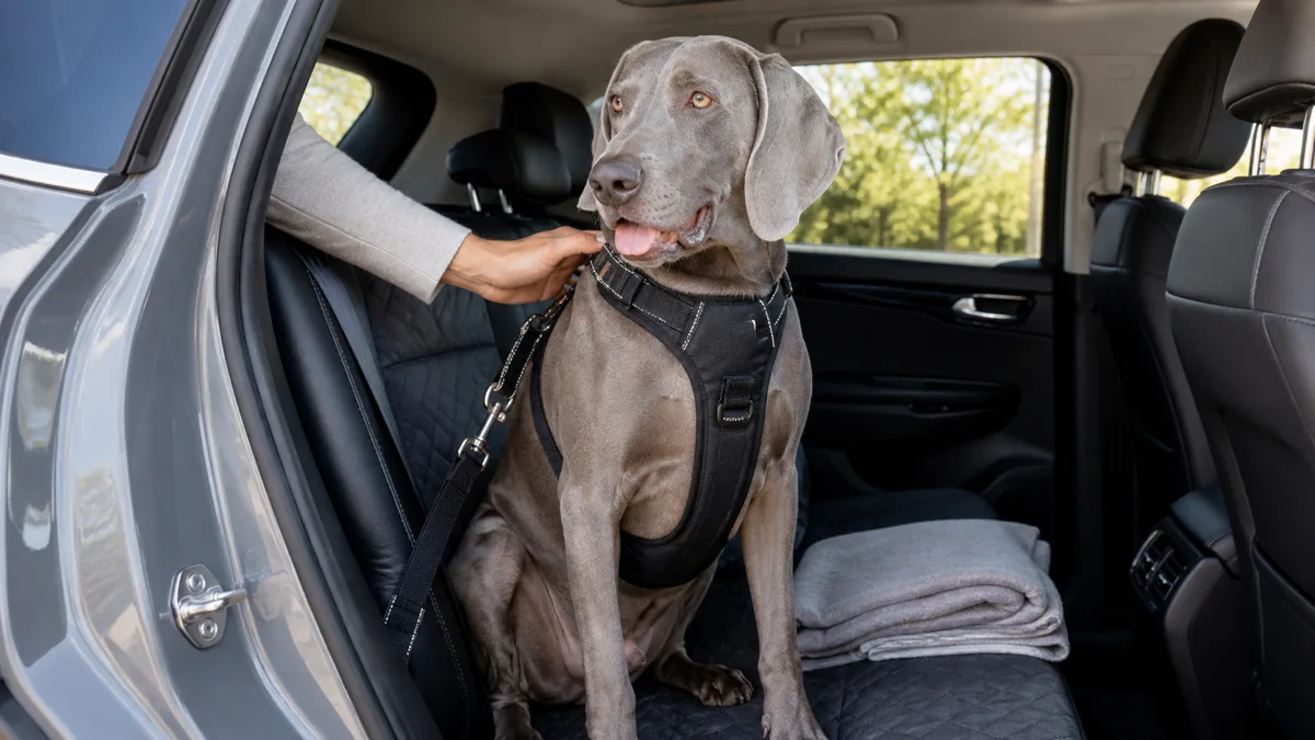a large sleek dog with a solid silver-grey short coat and floppy ears sitting calmly in the back seat of a parked SUV with a crash-tested harness clipped to the seatbelt and a folded travel blanket beside the dog in bright natural daylight