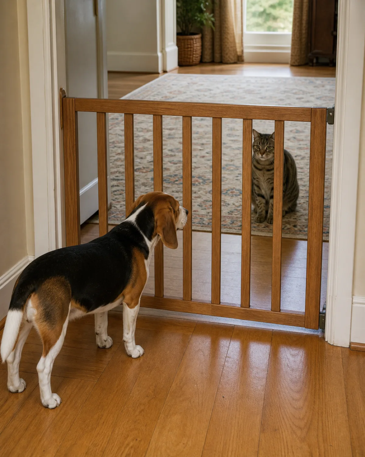 a small sturdy tricolor black white and tan short-coated hound with long low-set floppy ears standing on one side of a wooden baby gate installed in a hallway looking calmly through the gate slats at a tabby cat sitting relaxed on the other side about three feet away with warm natural light