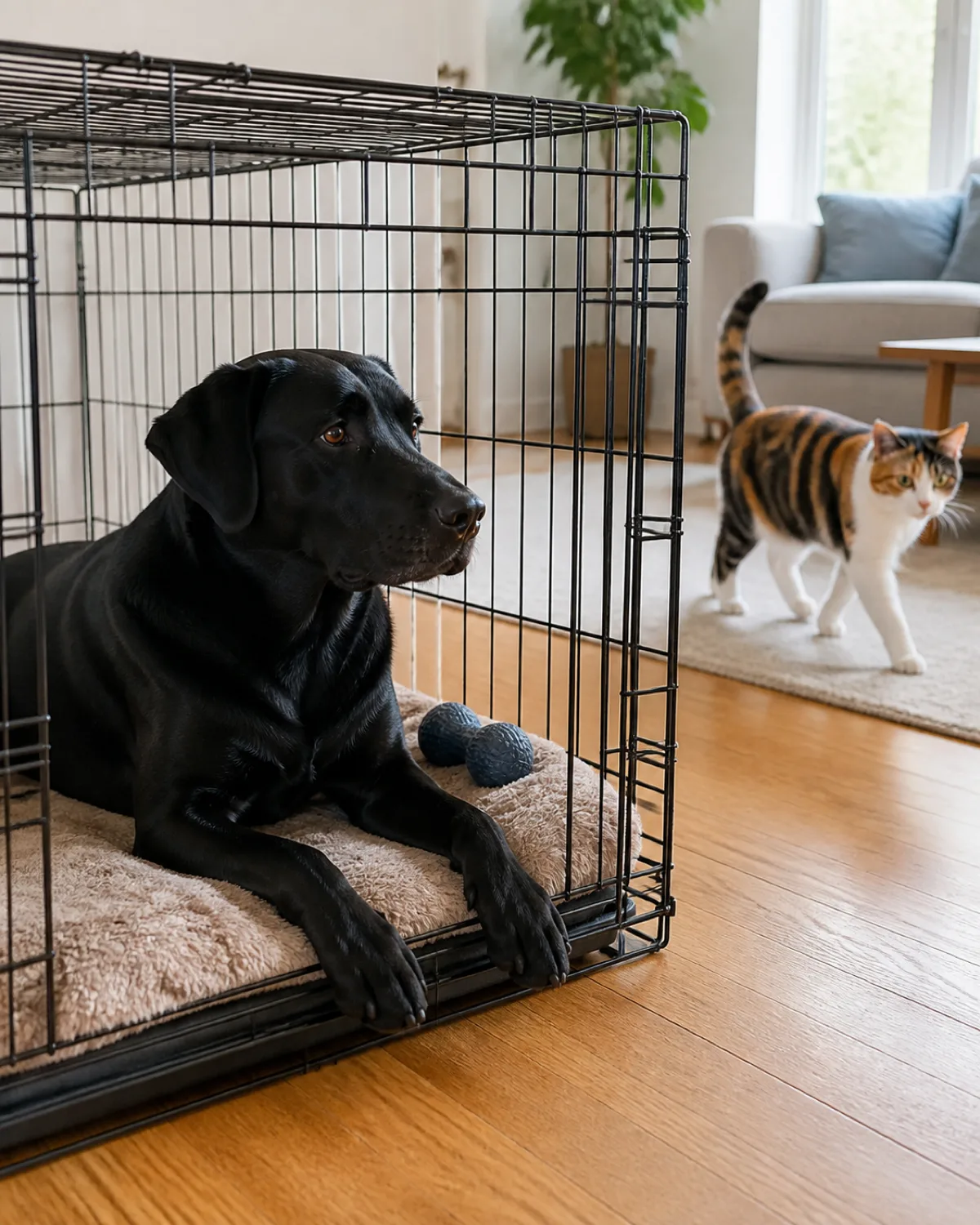 a large athletic solid-black short-coated dog with floppy ears and a glossy coat lying calmly inside an open wire crate with a soft beige blanket and a chew toy with eyes relaxed while in the background a calico cat walks freely across the living room with relaxed posture and tail up in bright natural light from a window