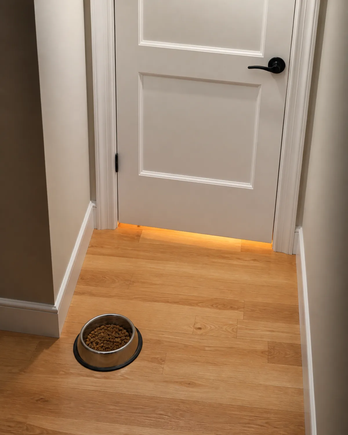 a hallway shot showing a closed white interior door from a slight overhead angle with a stainless steel dog bowl with kibble on the hardwood floor near the door on the camera side and a faint warm glow under the door suggesting the other side is lit with warm overhead light and clean minimal hallway