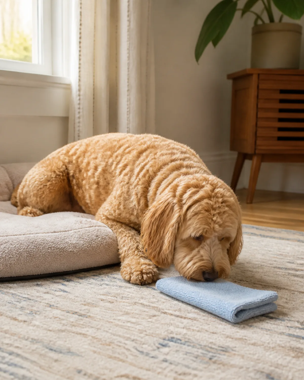 a medium dog with a soft shaggy wavy-to-curly apricot coat floppy ears and a rounded teddy-bear face lying on a dog bed in a bright living room calmly sniffing a small folded light-blue towel placed near the bed with warm morning light from a window