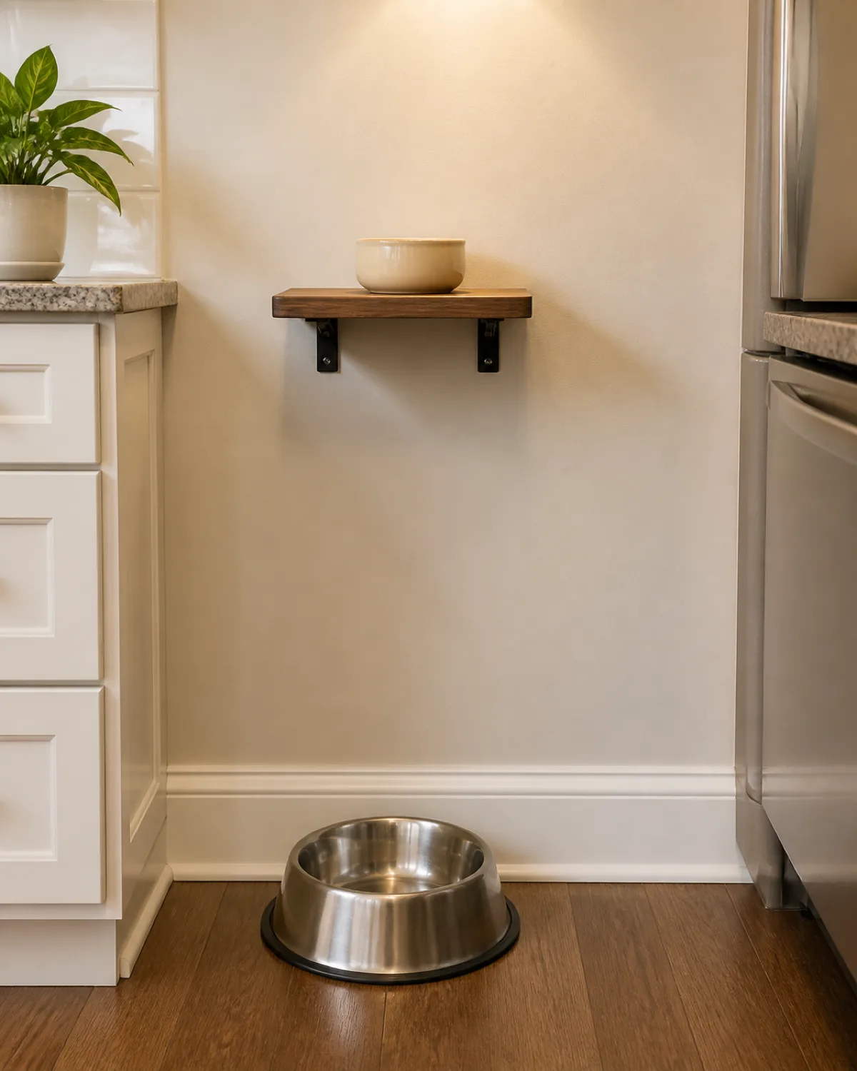 a kitchen corner showing two separate feeding stations at different heights with a large stainless steel dog bowl on the floor and a small ceramic cat bowl elevated on a wall-mounted wooden shelf about two feet above the floor with clear vertical separation between them in a clean bright kitchen with warm overhead light