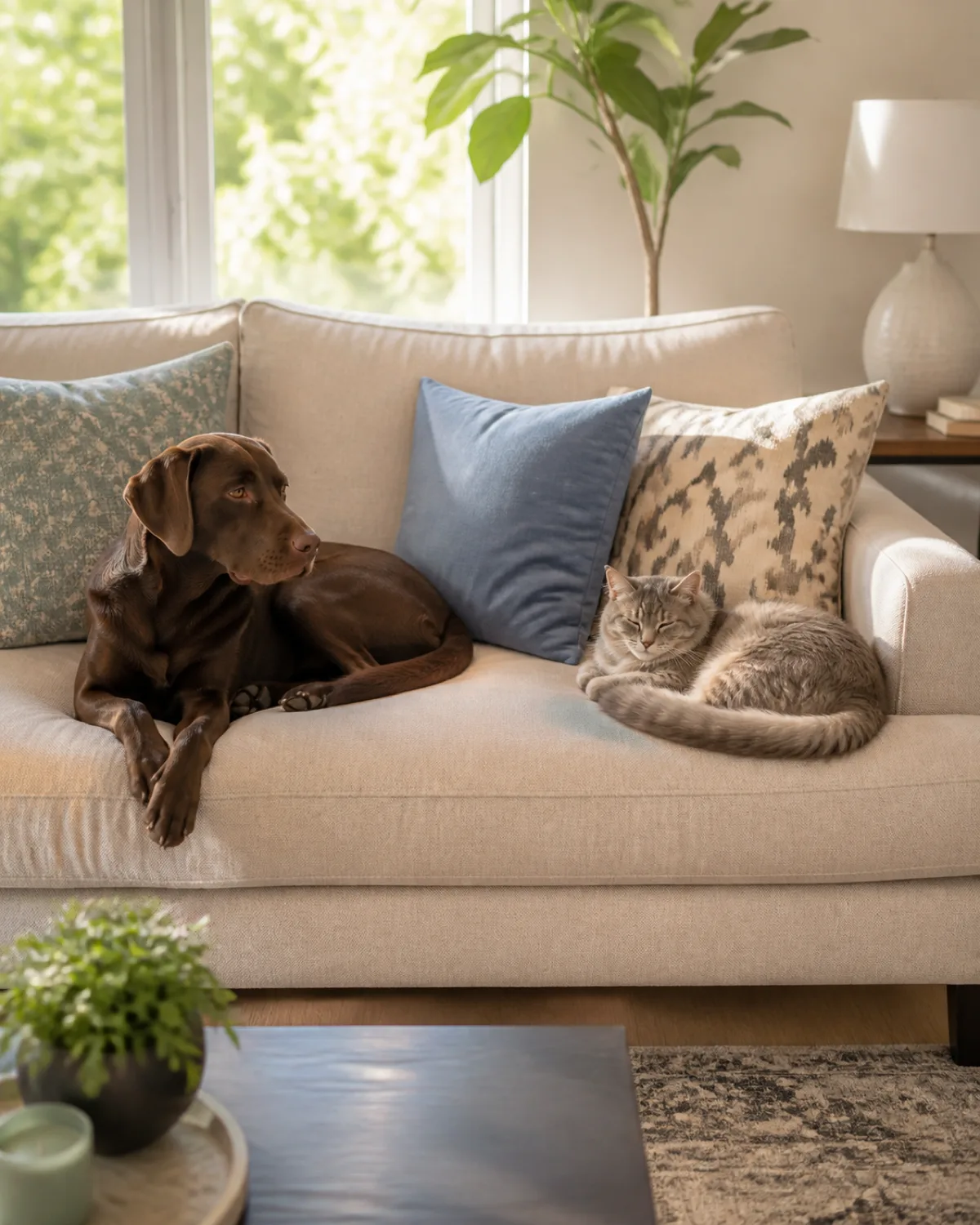 a large solid chocolate-brown short-coated dog with floppy ears lying relaxed on one end of a large beige sofa and a fluffy grey domestic cat curled up on the opposite end of the same sofa with both animals relaxed and eyes half-closed in warm afternoon sunlight