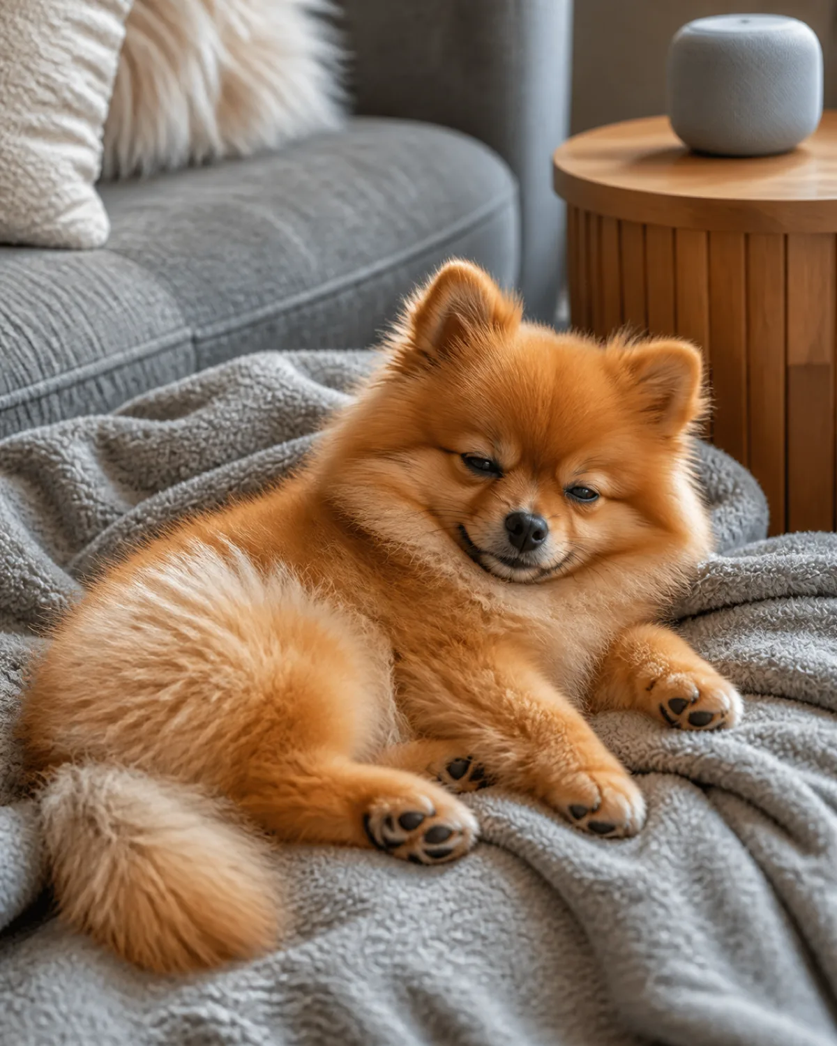 a tiny fluffy puppy with a profuse orange double coat small erect ears a foxy face and a plumed tail lying on a soft blanket near a side table with a small speaker playing ears relaxed and forward eyes soft and drowsy warm living room light