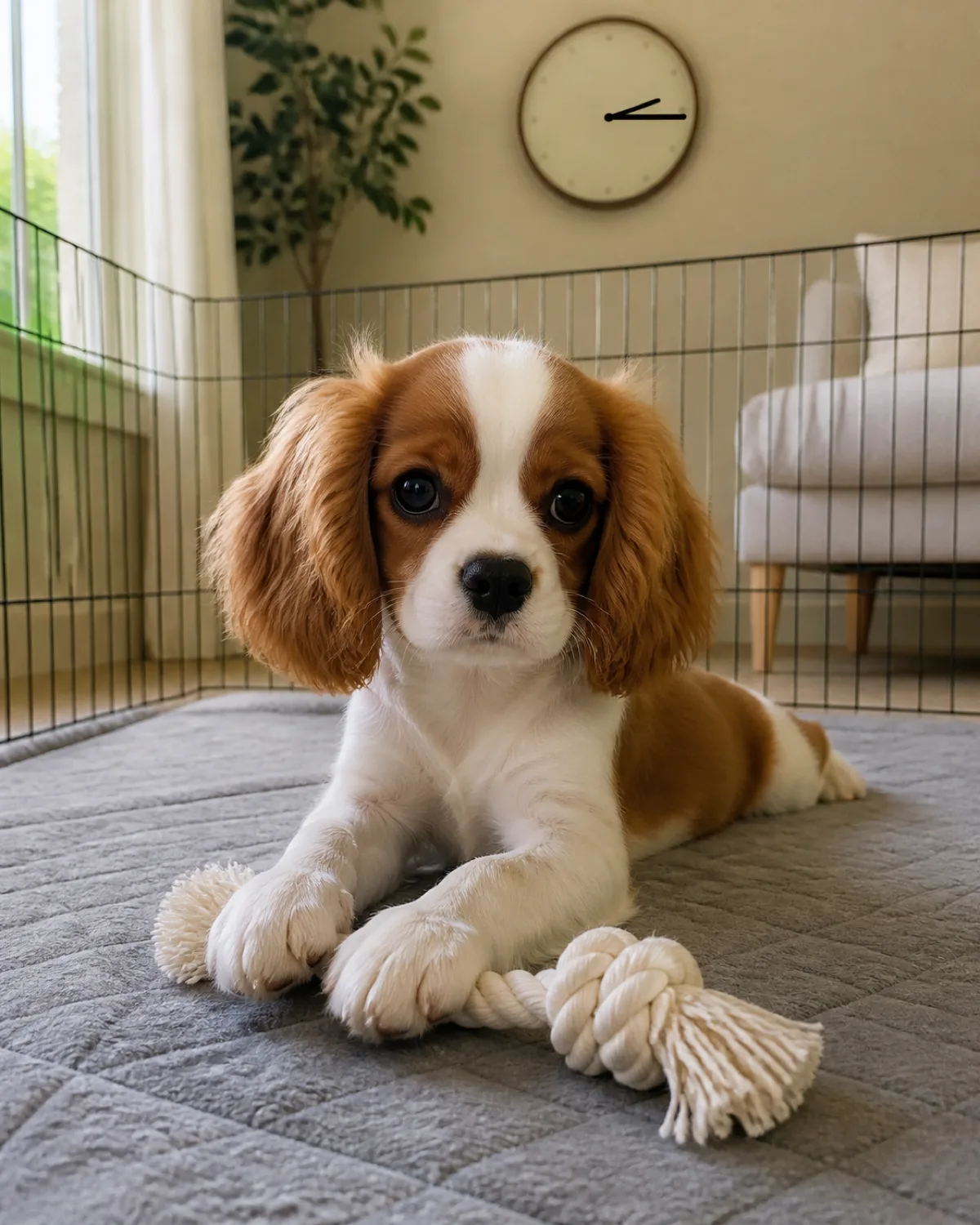 a small silky-coated chestnut-and-white puppy with large round eyes and long feathered floppy ears lying relaxed in a pen area with a chew toy a digital clock on the wall showing 2:15 in the background calm settled posture afternoon light through a window