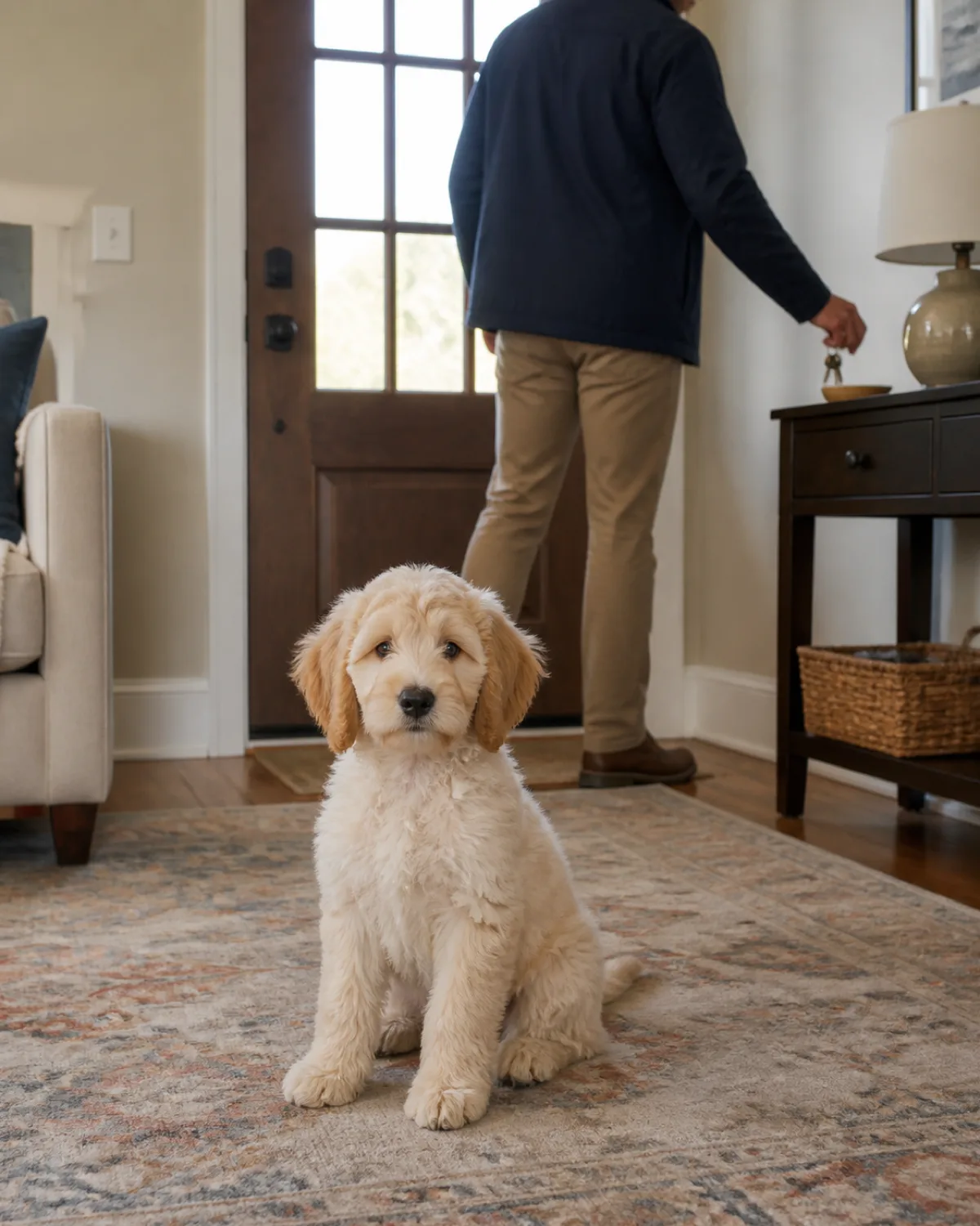 a medium fluffy cream-colored puppy with soft wavy fur and floppy ears sitting calmly on a living room rug while a person near the front door casually picks up keys from a side table without looking back natural afternoon light
