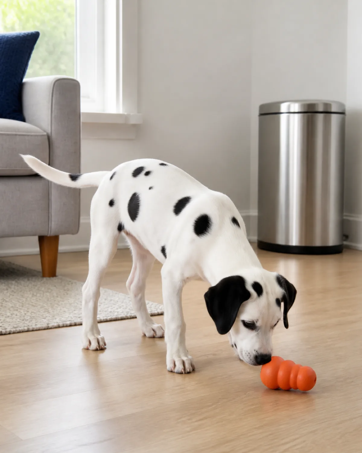 a medium lean short-coated white puppy with distinct black spots and floppy ears standing in a clean tidy room with all cords tucked away and a covered trash can sniffing a safe rubber toy on the floor curious expression bright natural light