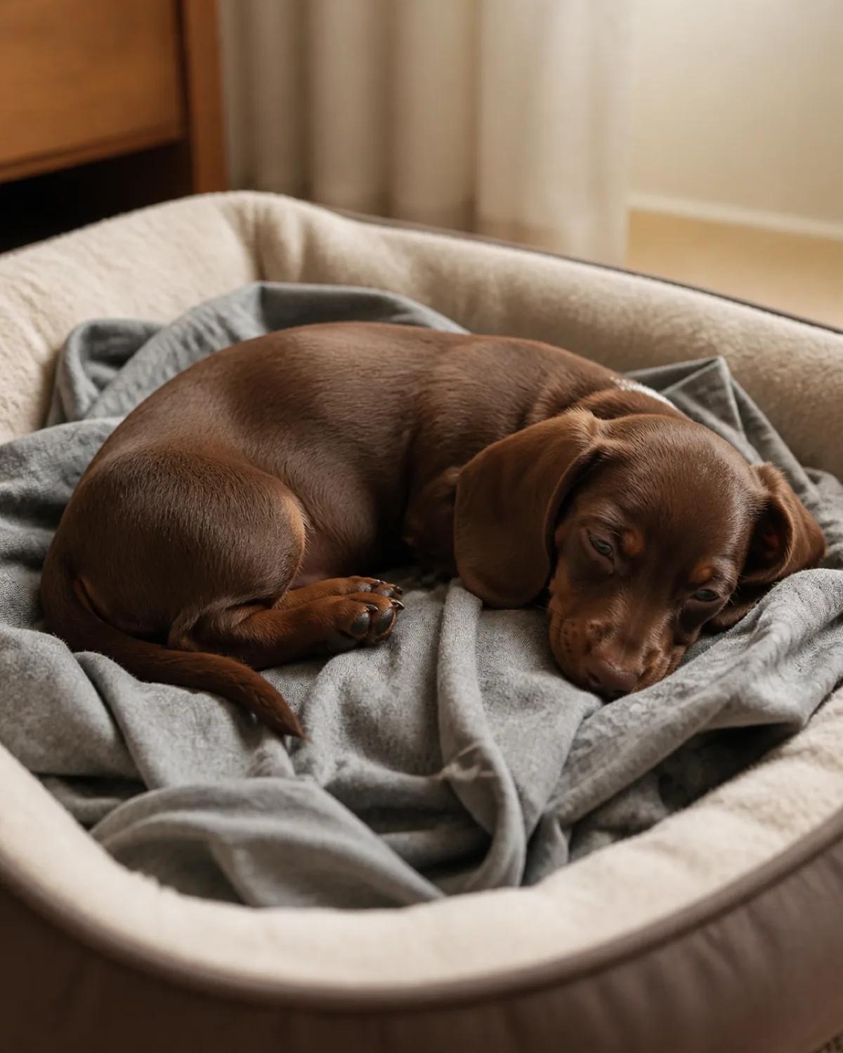 a small puppy with a very long low body short legs a smooth chocolate-brown coat and long floppy ears curled up on a rumpled grey t-shirt on a dog bed nose pressed into the fabric eyes half-closed and drowsy soft warm light