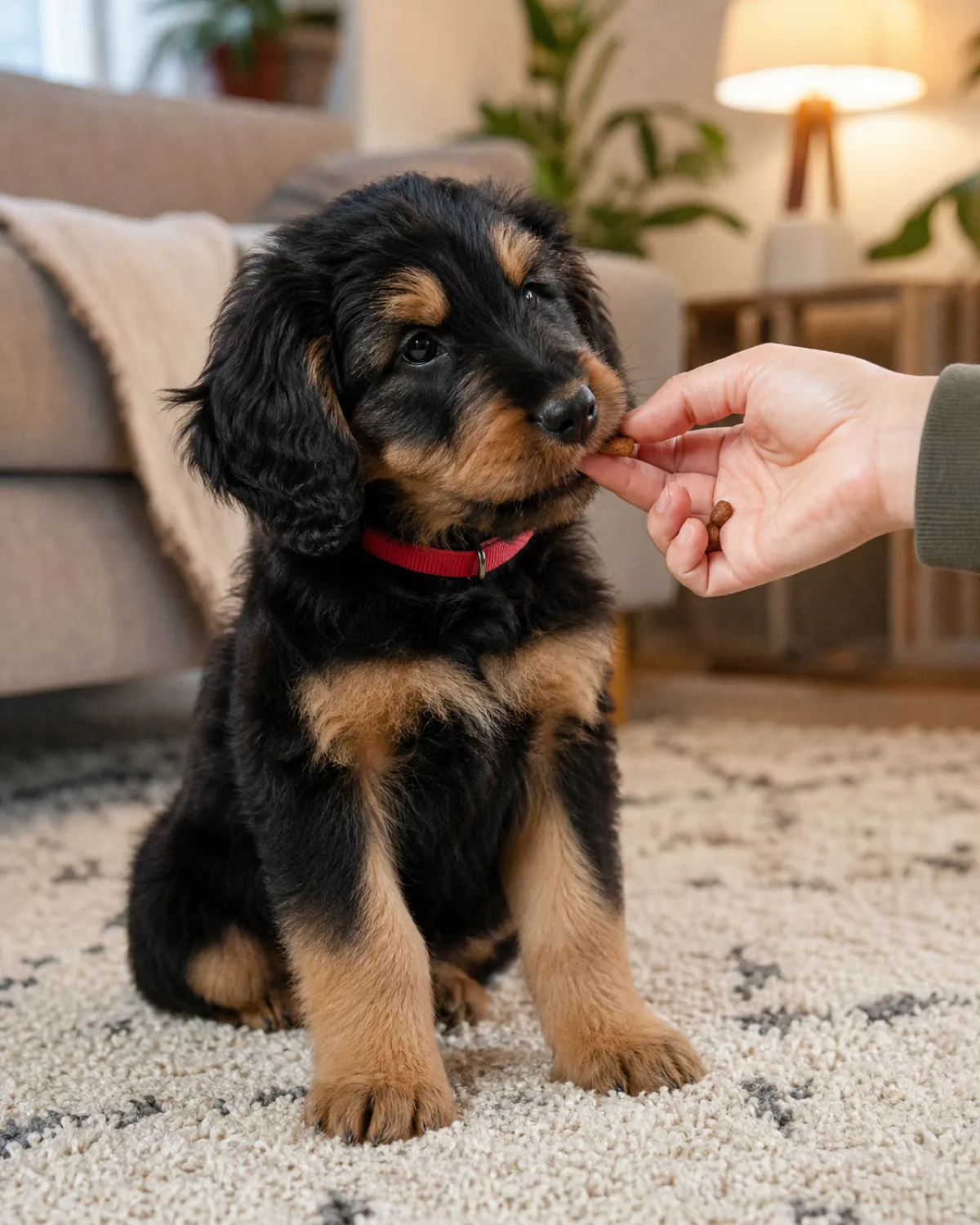 a small black-and-tan fluffy puppy with floppy ears and a teddy-bear face sitting on a living room carpet wearing a red flat nylon collar with proper two-finger gap, owner hand extending a small training treat toward the puppy, puppy focused on the treat and ignoring the collar, warm lamp and window light