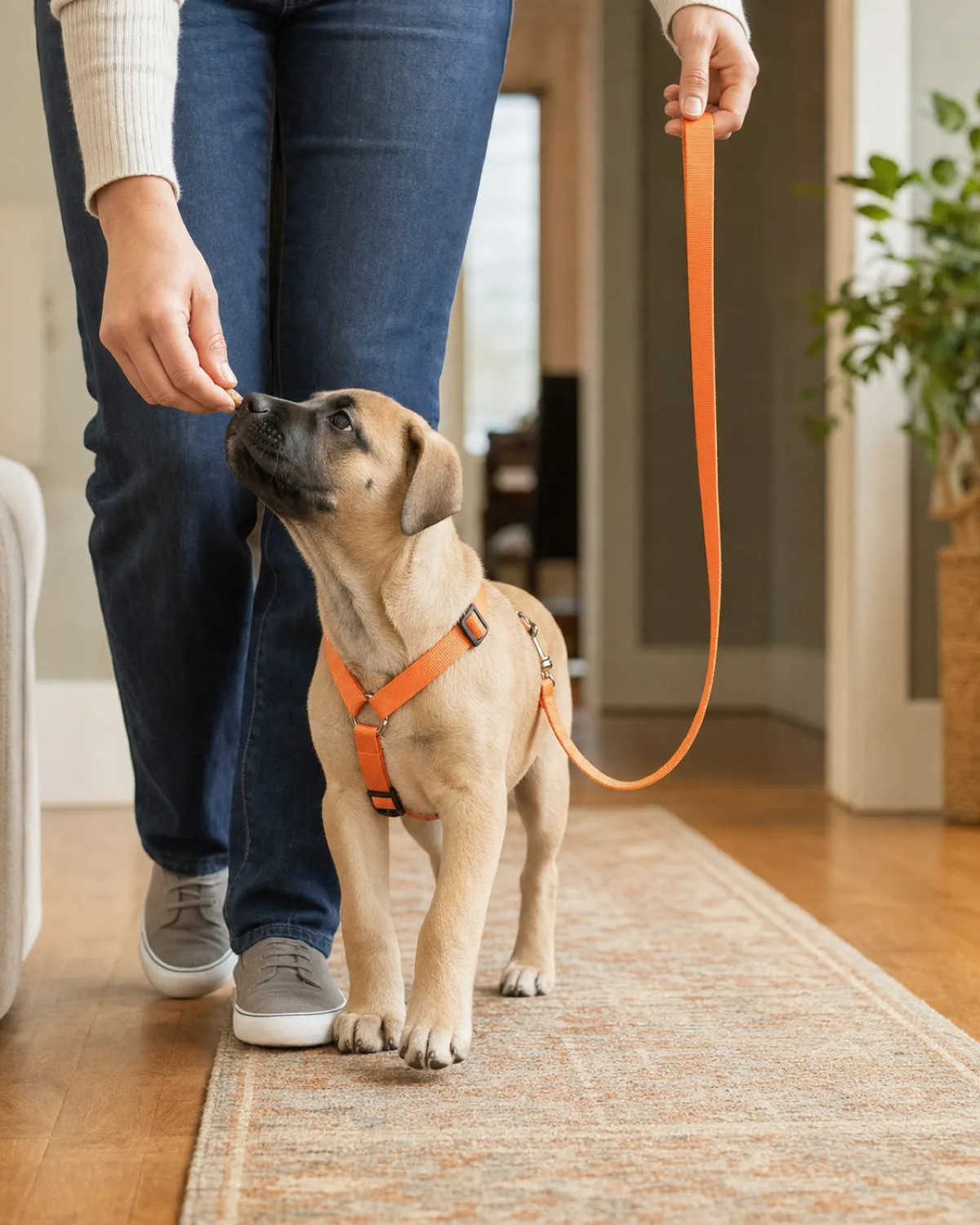 a small fawn puppy with a dark muzzle and compact body wearing an orange Y-shaped harness walking at the owner left side in a home hallway, lightweight leash drooping in a clear J-shape between dog and hand, owner other hand extending a treat at puppy height, warm natural light