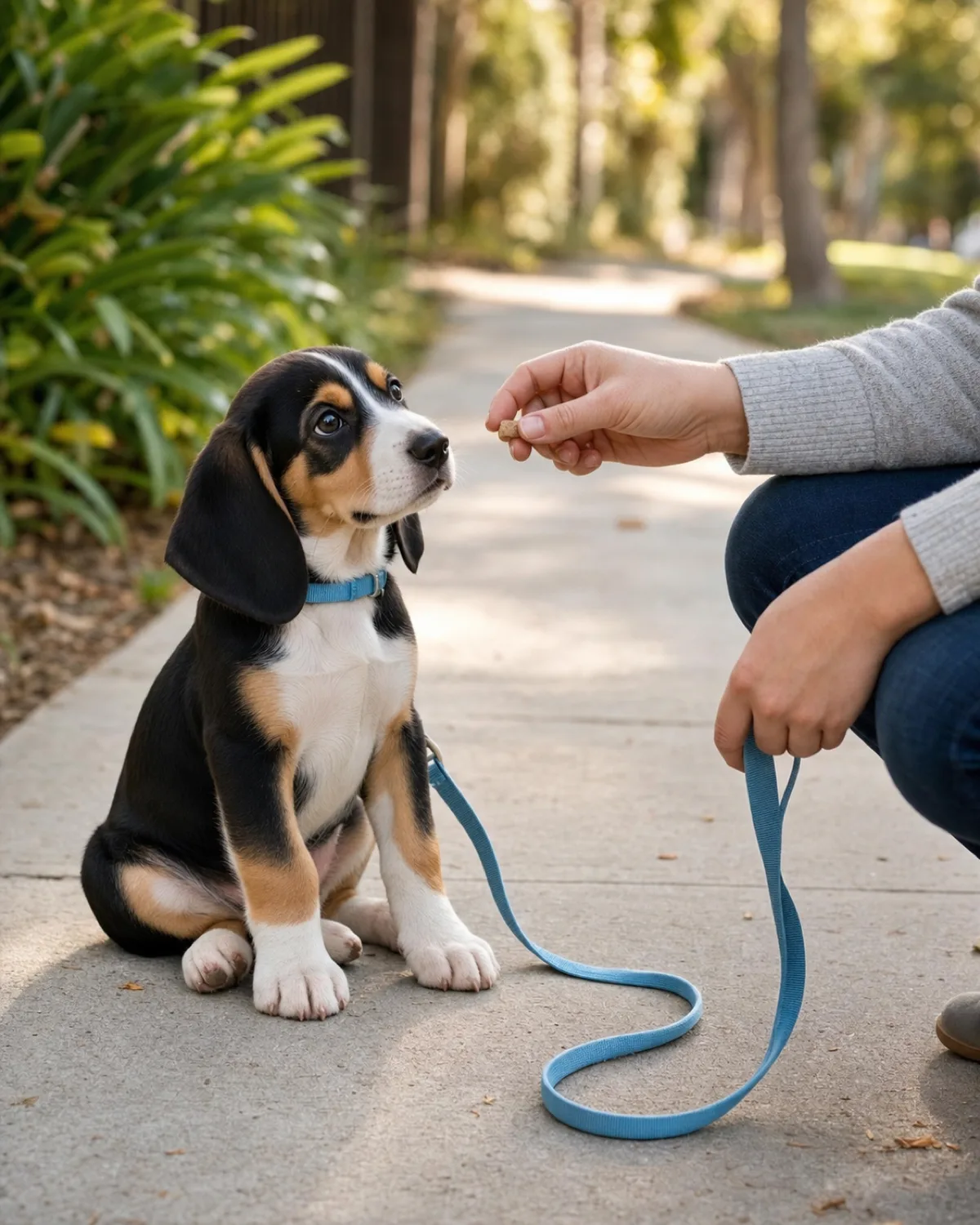 a small tricolor smooth-coated puppy with long floppy ears sitting squarely on a residential sidewalk in a hesitant posture, owner crouched at puppy eye level holding a treat in front of the puppy nose, leash slack on the ground between them, warm afternoon light