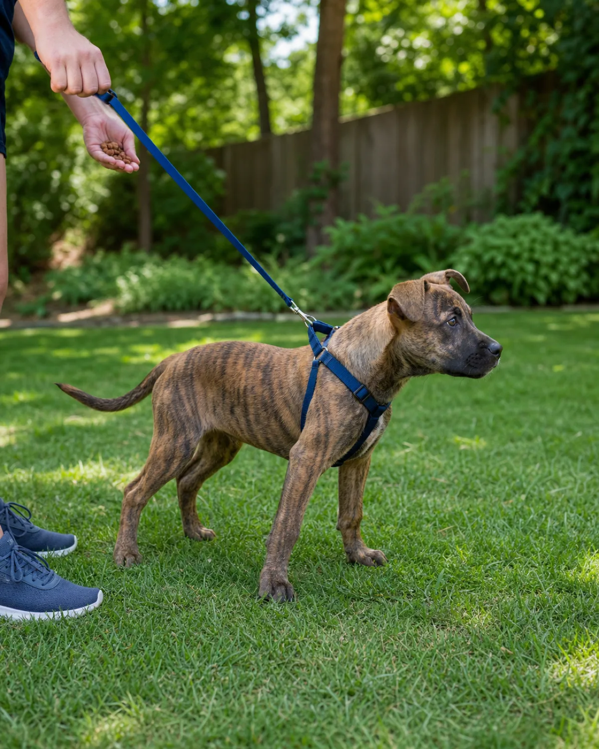 a medium brindle short-coated athletic puppy leaning forward with the leash pulled taut, owner hand gripping the leash handle and feet planted firmly on backyard grass standing absolutely still, puppy looking ahead eagerly, the leash visibly taut between them, bright outdoor afternoon light