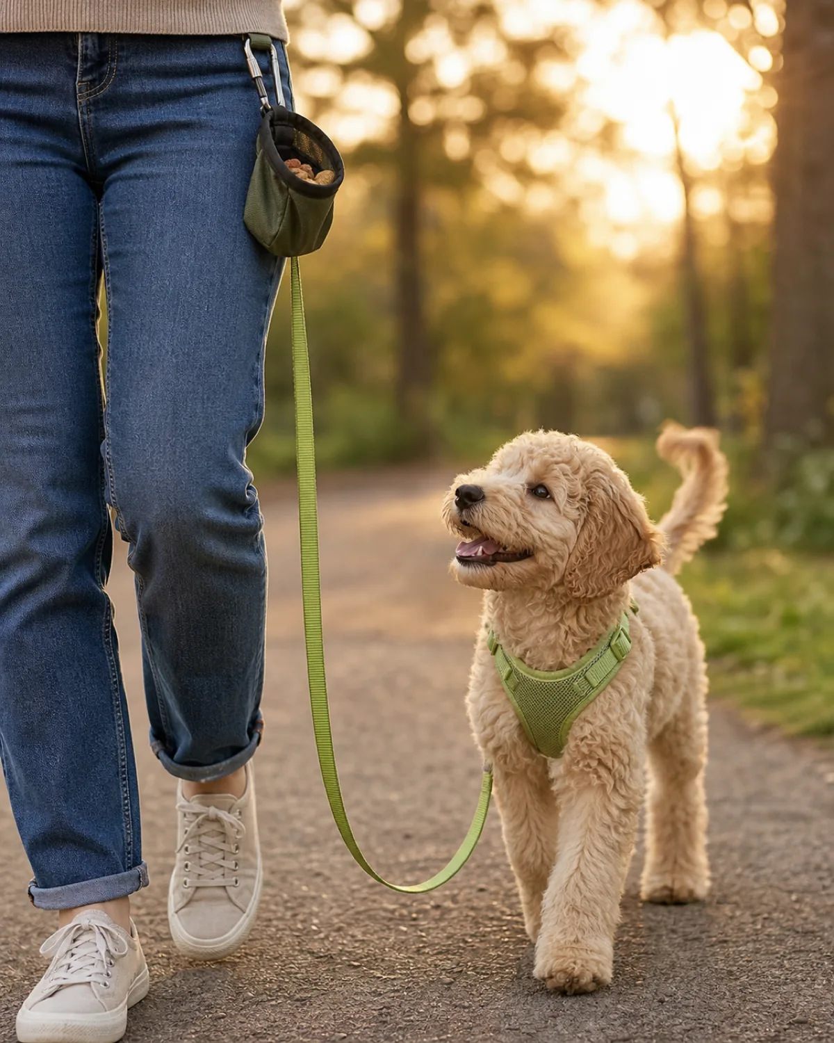 a small apricot-cream curly-coated puppy with floppy ears and a teddy-bear face wearing a light-green Y-shaped harness walking beside the owner on a park path at golden hour, leash in a perfect relaxed J-shape droop, puppy mouth slightly open in a happy pant, warm golden light filtering through trees