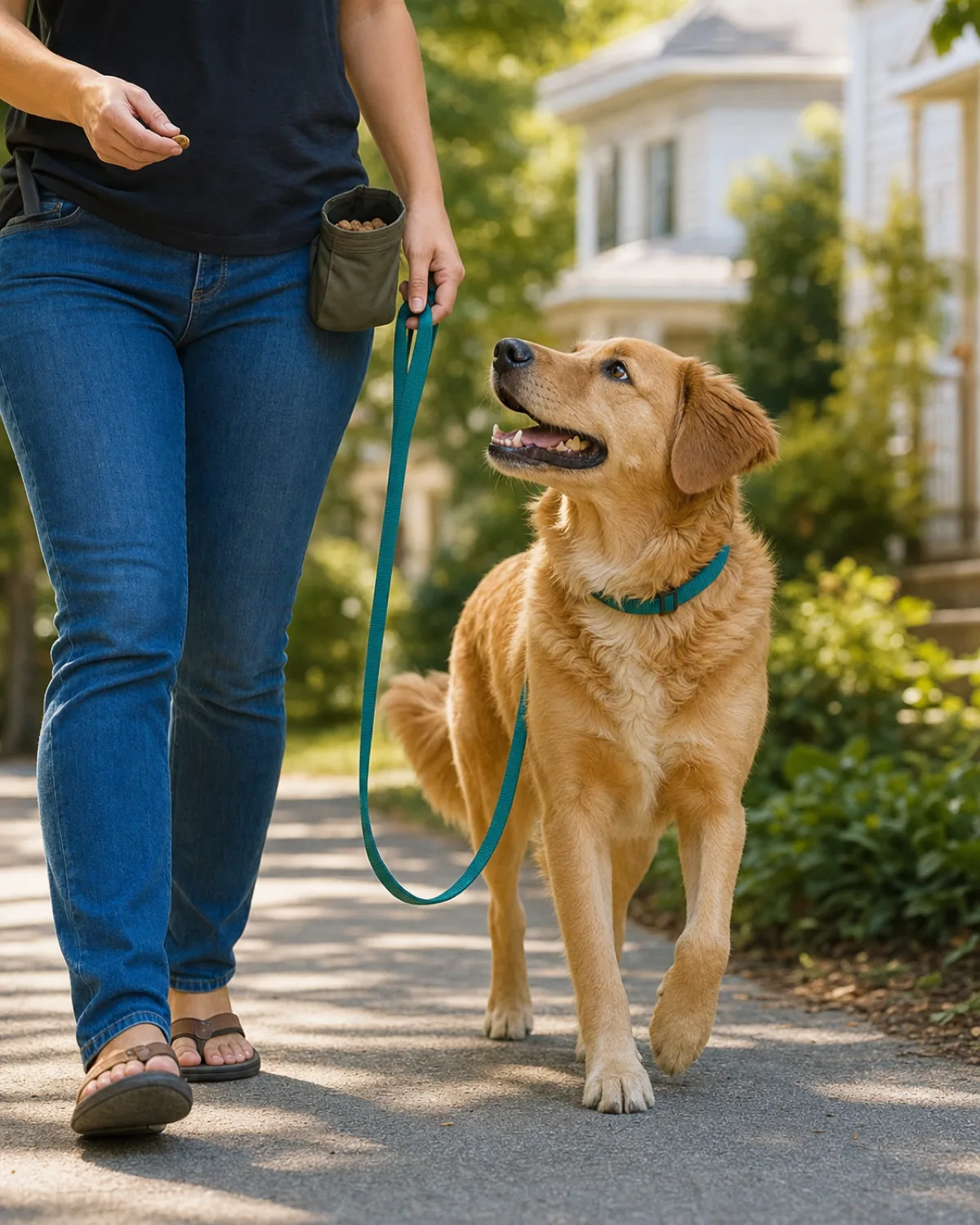 a medium-large adult tan-gold wavy-coated dog with floppy ears and a broad friendly face walking mid-stride beside the owner on a sidewalk, leash hanging in a deep relaxed loop between them, dog glancing up at the owner with a calm content expression, low angle, natural afternoon light