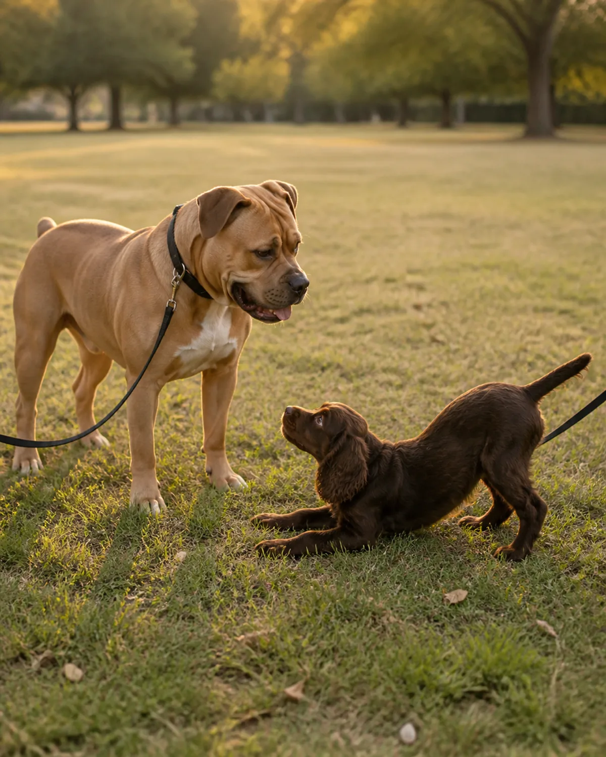 two dogs in a greeting moment at a park one medium fawn dog with a white chest blaze standing relaxed with soft eyes and one small chocolate-brown puppy doing a play bow with front legs down rear up and tail wagging both leashes slack golden hour light