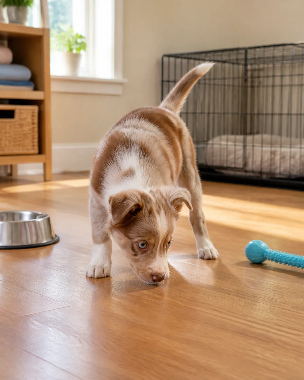 a small puppy with a red-and-cream marbled coat pattern and semi-erect ears with folded tips exploring a puppy-proofed room sniffing the floor curiously with a puppy crate water bowl and chew toy in the background no adult dog present bright warm indoor window light