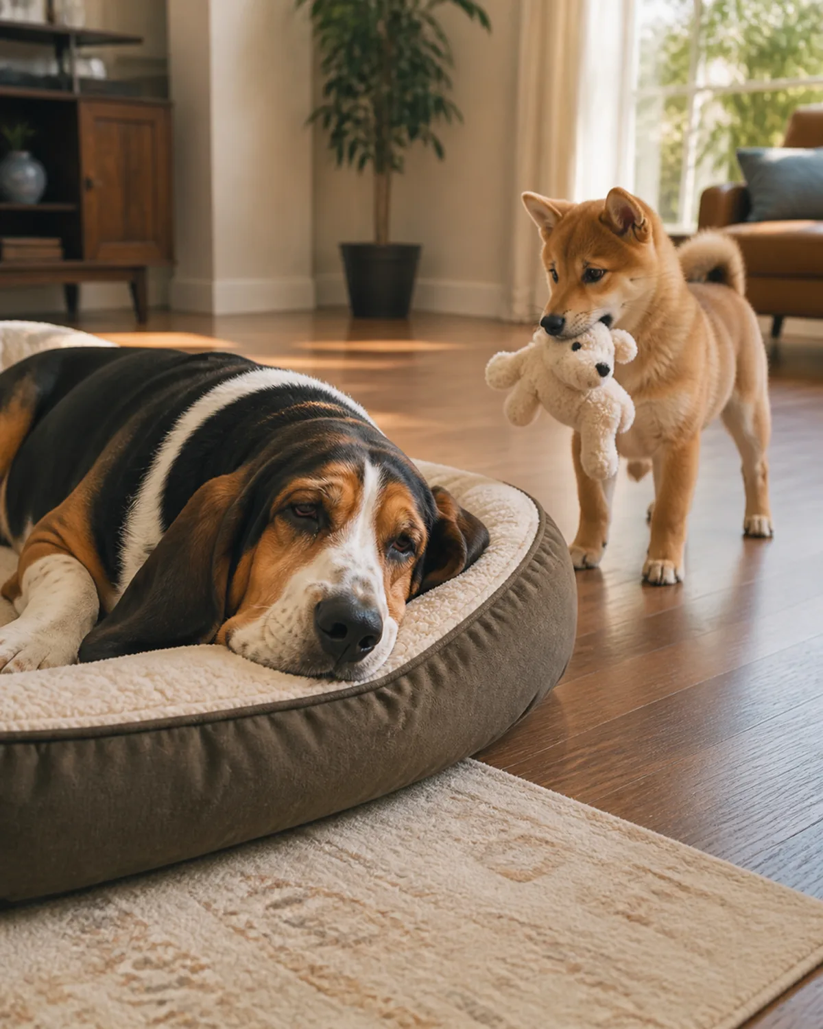 two dogs showing an energy contrast one large tricolor dog with very long ears and heavy-lidded drowsy eyes lying on a dog bed looking tired and one small red-golden puppy with erect triangular ears and a curled tail standing nearby with a toy in its mouth looking energetic afternoon light