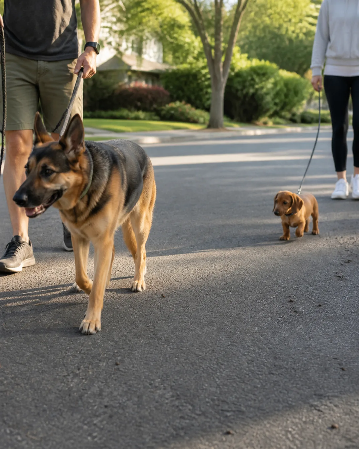 two dogs parallel walking on a quiet residential street with two meters between them one large dog with a black-and-tan saddle coat and erect ears and one small red-fawn puppy with a long low body each held by a different handler on a loose leash morning sunlight
