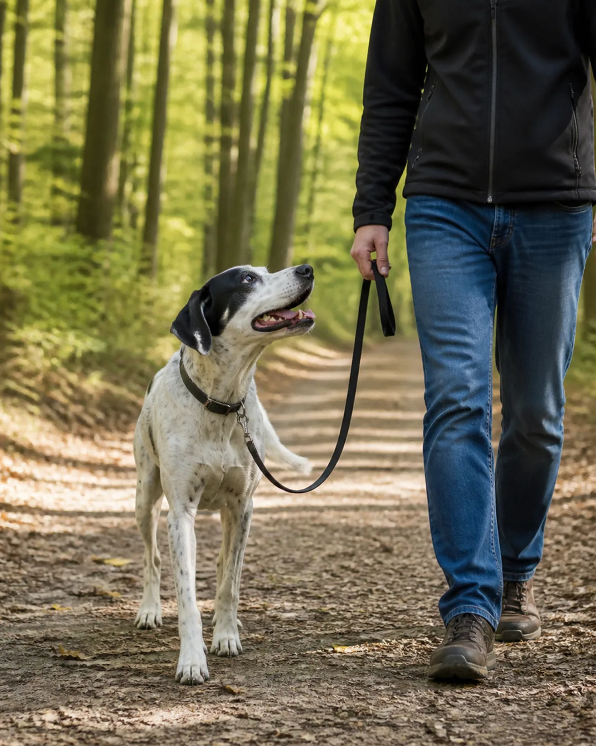 a medium athletic dog with a white coat and scattered black spots walking alone with its owner on a quiet morning trail looking up at the owner with a happy expression leash slack trees and dappled morning sunlight a peaceful solo bonding moment