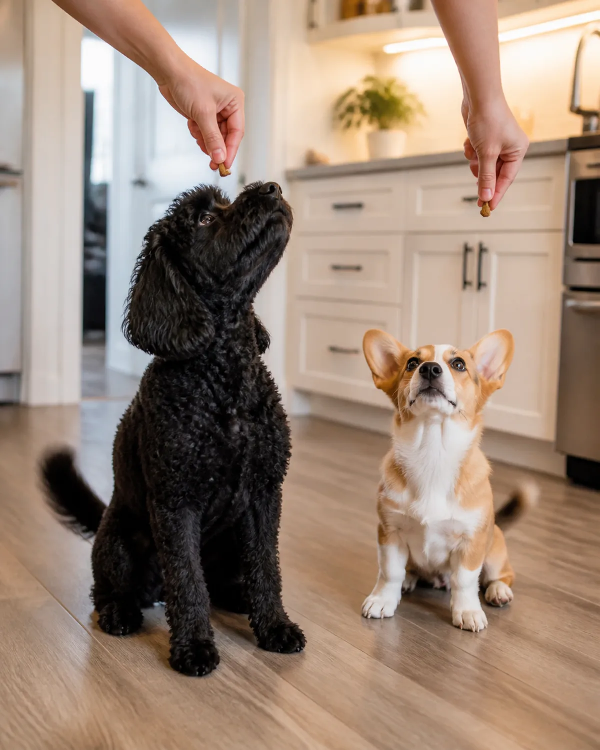 two dogs receiving treats together one medium elegant dog with a curly solid-black coat and one small red-and-white puppy with oversized erect ears and short legs both sitting side by side looking up eagerly at a human hand offering treats both tails wagging kitchen warm overhead light