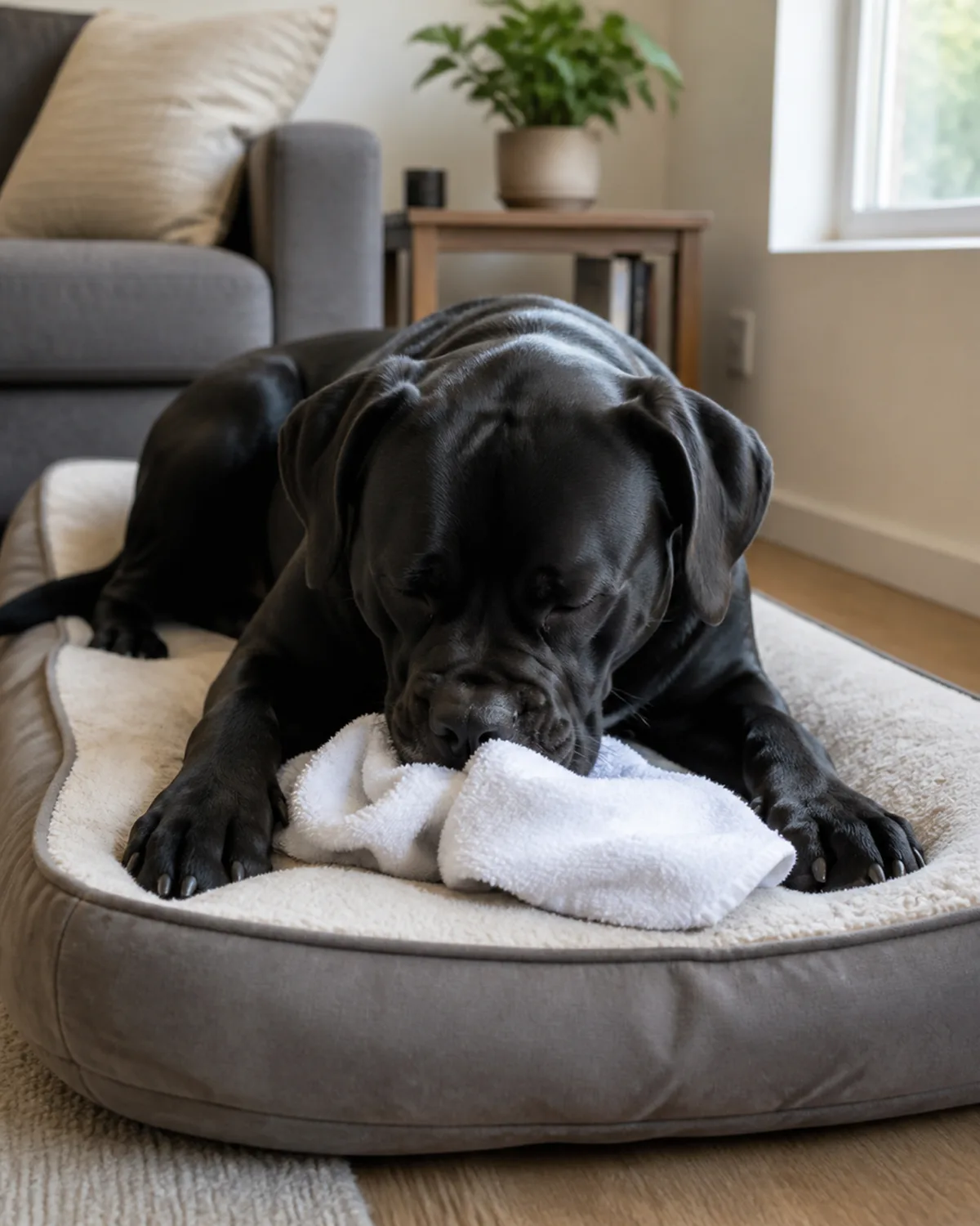 a large muscular dog with a smooth jet-black short coat lying on a dog bed in a living room nose pressed into a small white towel sniffing intently with eyes half-closed in calm warm indoor light