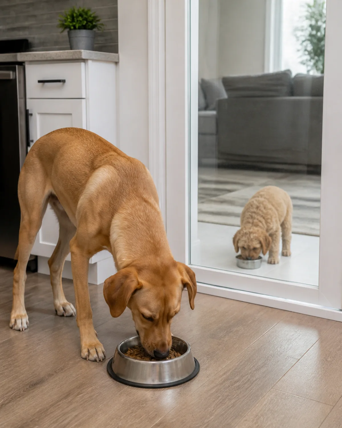 a medium athletic dog with a smooth rusty-golden short coat eating from a stainless steel bowl in a kitchen with a view through a closed glass door to an adjacent room where a small puppy with a curly apricot coat eats from its own small bowl clear spatial separation bright kitchen light