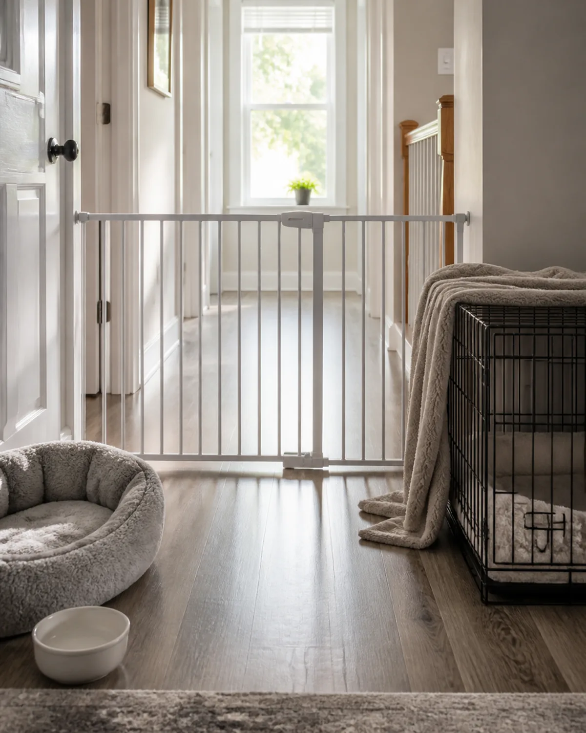 an interior hallway with a closed baby gate in the middle showing a dog bed and water bowl on the left side and a puppy crate with a blanket draped over it on the right side no dogs visible clean modern home warm afternoon light