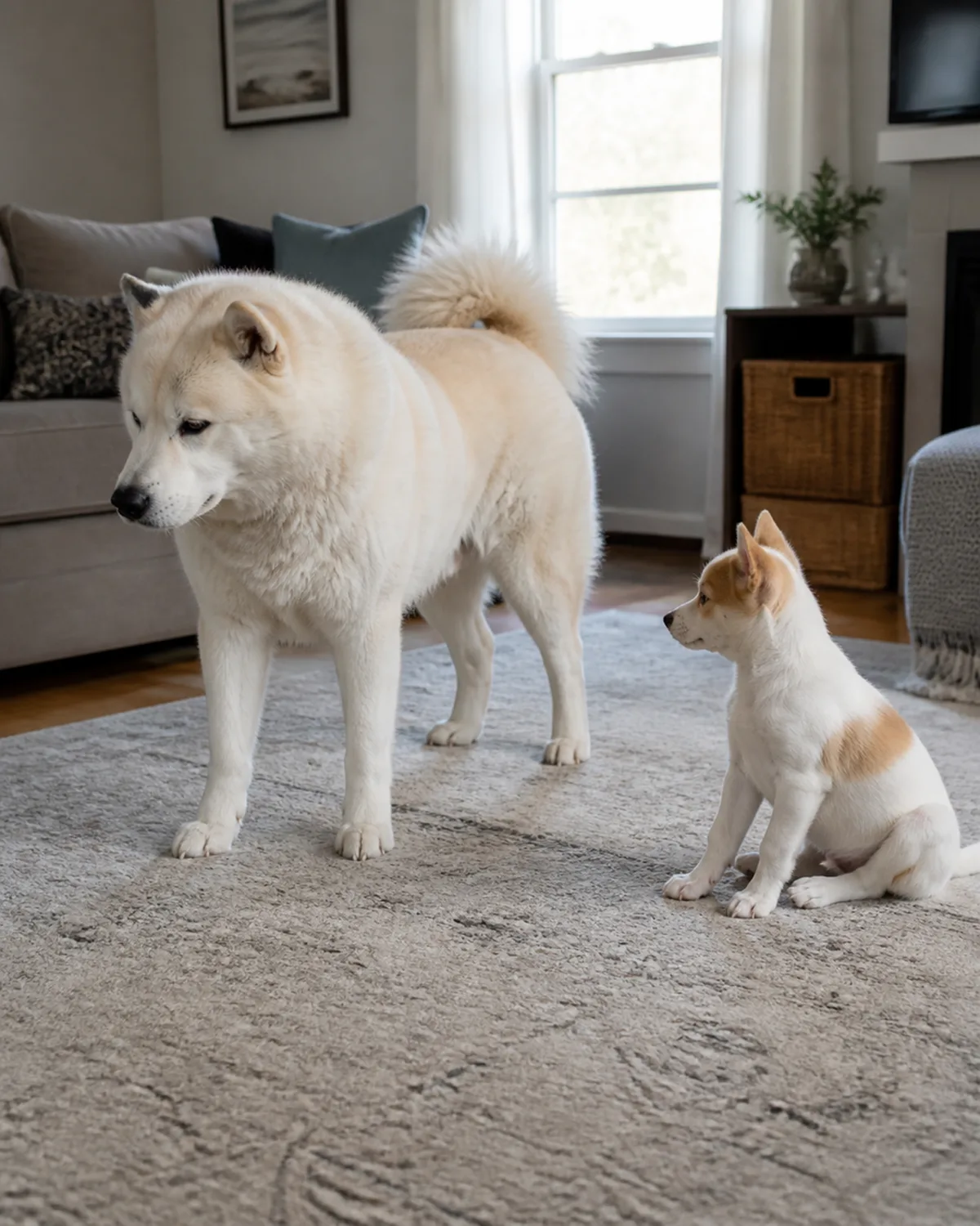 two dogs in a living room one large sturdy dog with a thick cream-white double coat and small erect ears turning its head away from a small white-and-tan puppy with erect ears sitting back one foot away looking at the adult respectfully soft window light