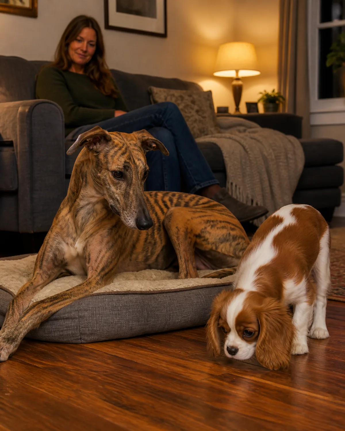 two dogs with a human supervising in a living room one large lean brindle dog lying on a dog bed watching calmly and one small chestnut-and-white puppy with round dark eyes and long silky ears exploring the floor nearby a person sitting on a sofa watching attentively warm evening light
