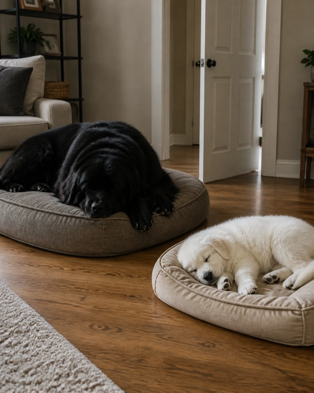 two dogs sharing a room peacefully one large massive dog with a thick solid-black long coat sleeping on a large dog bed and one small puppy with a silky pure-white long coat sleeping on a separate small bed three feet away both relaxed with a partially open door in the background soft warm light