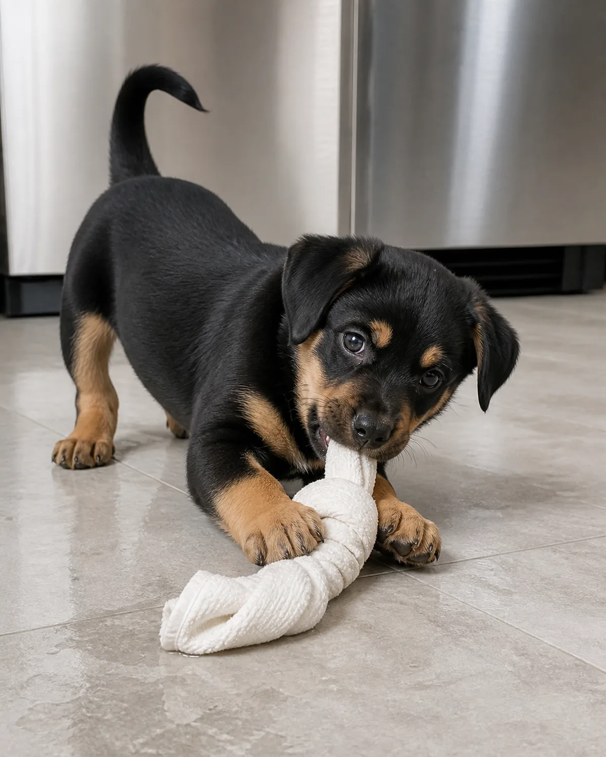 a tiny black-and-tan puppy with floppy ears a rounded head and oversized paws happily chewing a twisted knotted white frozen damp washcloth on a light grey tile kitchen floor with front paws holding down one end of the towel and tail up and the bottom of a stainless steel refrigerator door visible behind in soft kitchen overhead light