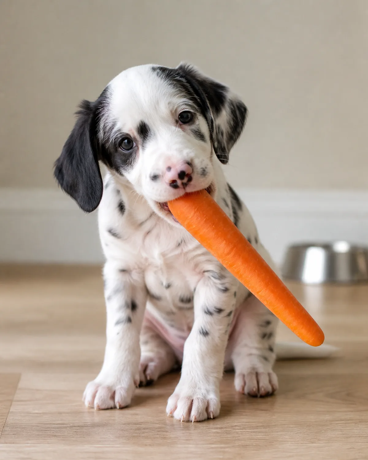 a small spotted puppy with a white base coat and random black patches floppy ears and a pink nose sitting on a pale wood floor chewing a whole chilled carrot held at the corner of the mouth with visible teeth marks on the carrot and a satisfied expression with a blurred dog bowl in the background against a cream wall in natural light