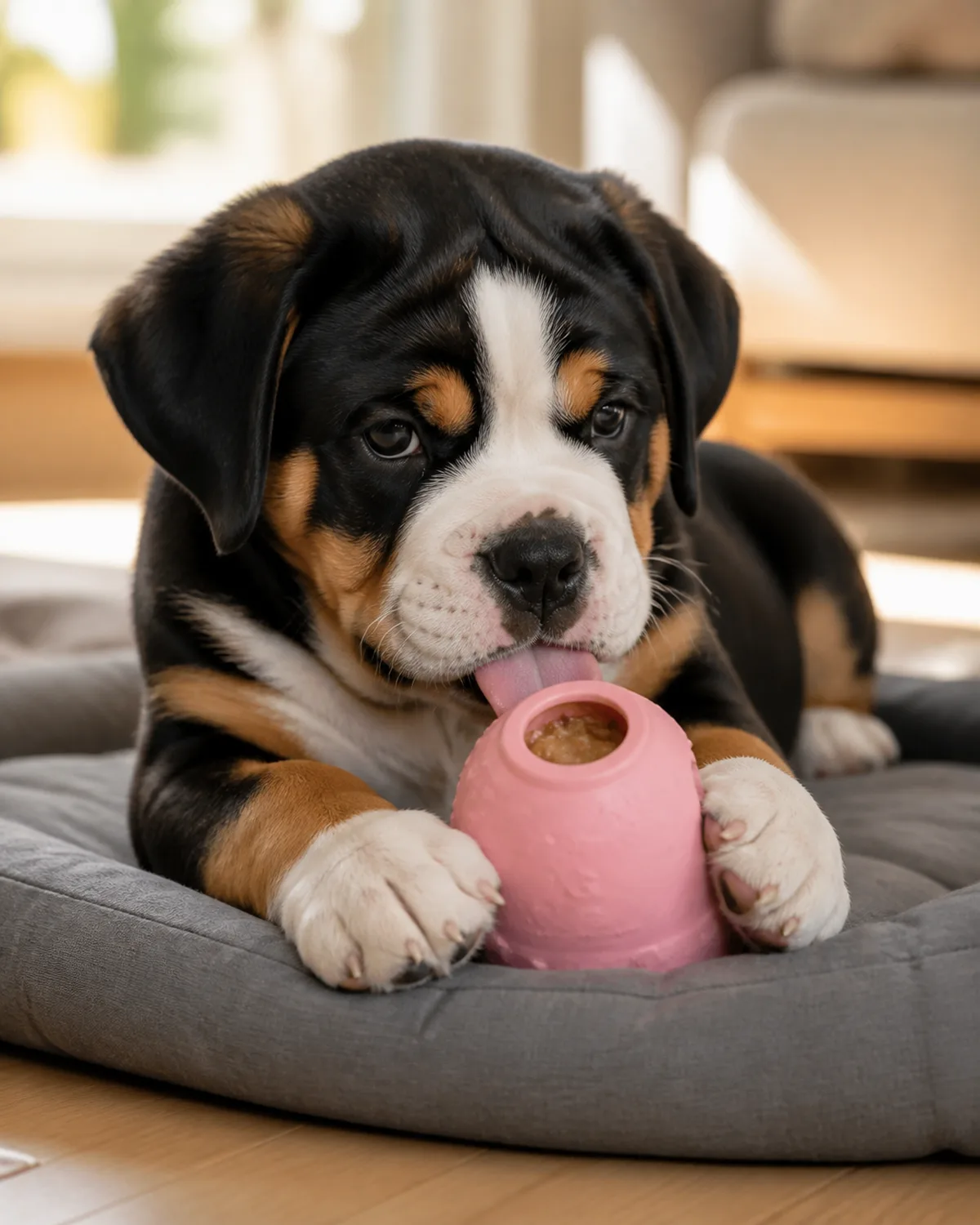 a small chunky tricolor puppy black white and brown with a wrinkled forehead short muzzle and floppy ears lying on a grey dog mat licking a pink puppy KONG with frozen light brown filling visible inside front paws resting on the KONG to hold it steady tongue out reaching into the opening in warm afternoon window light