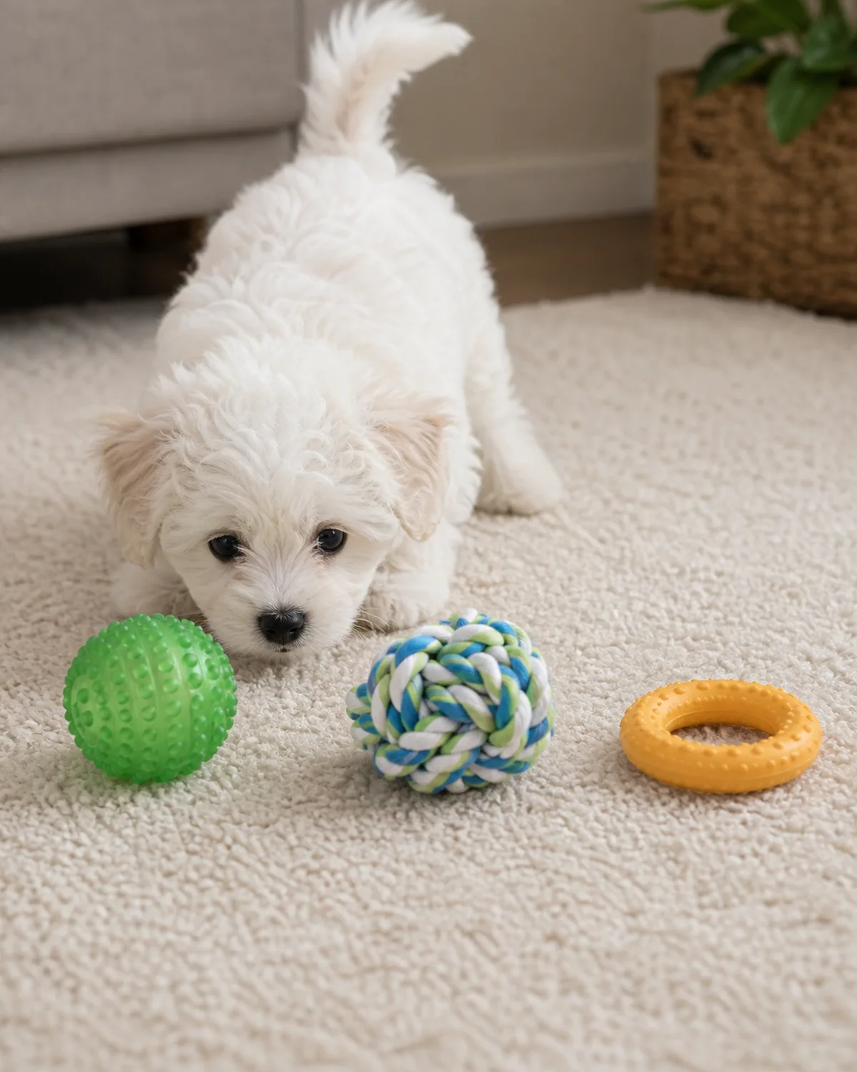 a small fluffy white puppy with a round face dark button eyes and a curly coat lying on a cream carpet with three chew toys scattered in front a green textured ball a rope knot and a rubber ring nose stretched toward the green ball with curiosity tail raised in soft indoor light