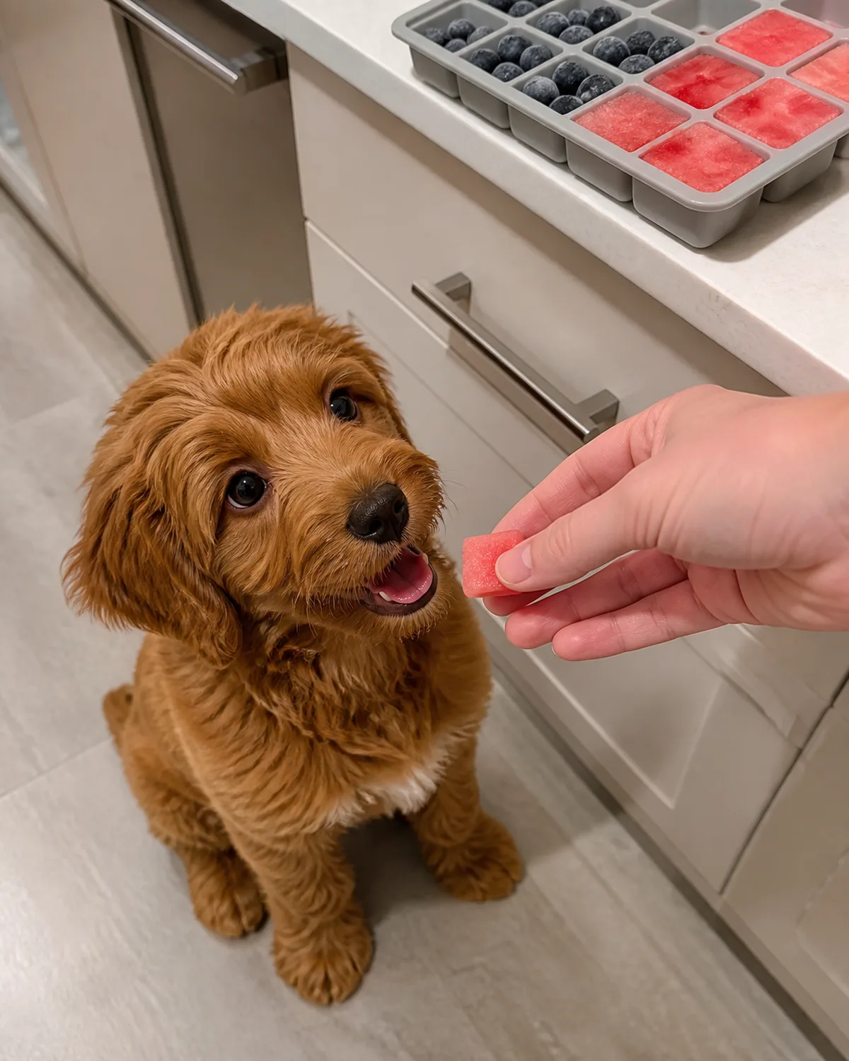 a small copper-red puppy with a wavy medium coat floppy ears and round dark eyes on a light grey kitchen floor with a persons hand reaching down offering a small frozen fruit cube from a silicone ice tray on the counter above showing blueberries and watermelon chunks frozen in compartments the puppy looking up eagerly in warm kitchen light