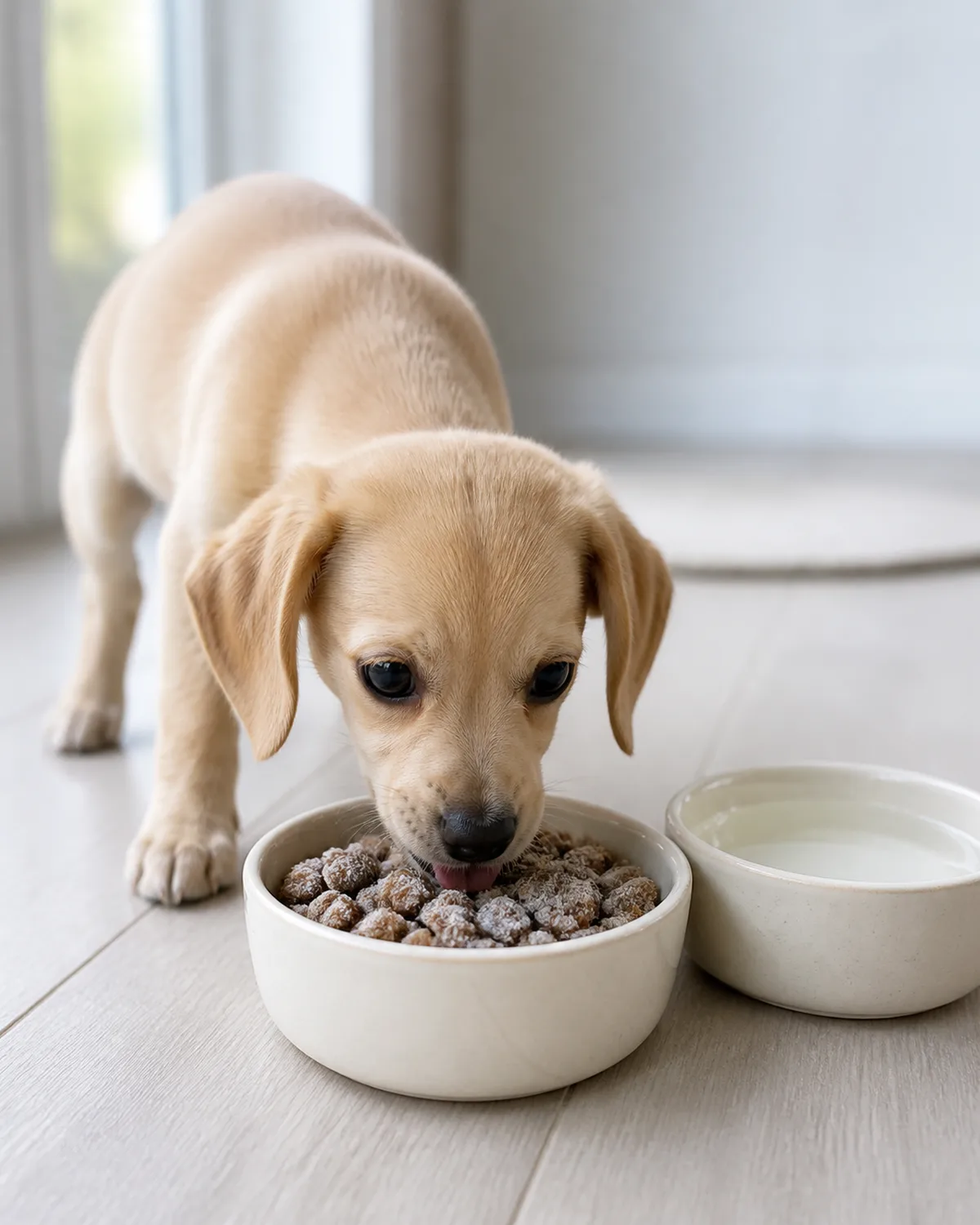 a small sandy-beige puppy with a smooth short coat long floppy ears and soulful dark eyes eating from a light colored bowl filled with frozen softened kibble with a thin frost layer visible on top nose just touching the food mouth slightly open and a water bowl beside it on a pale floor in gentle natural window light