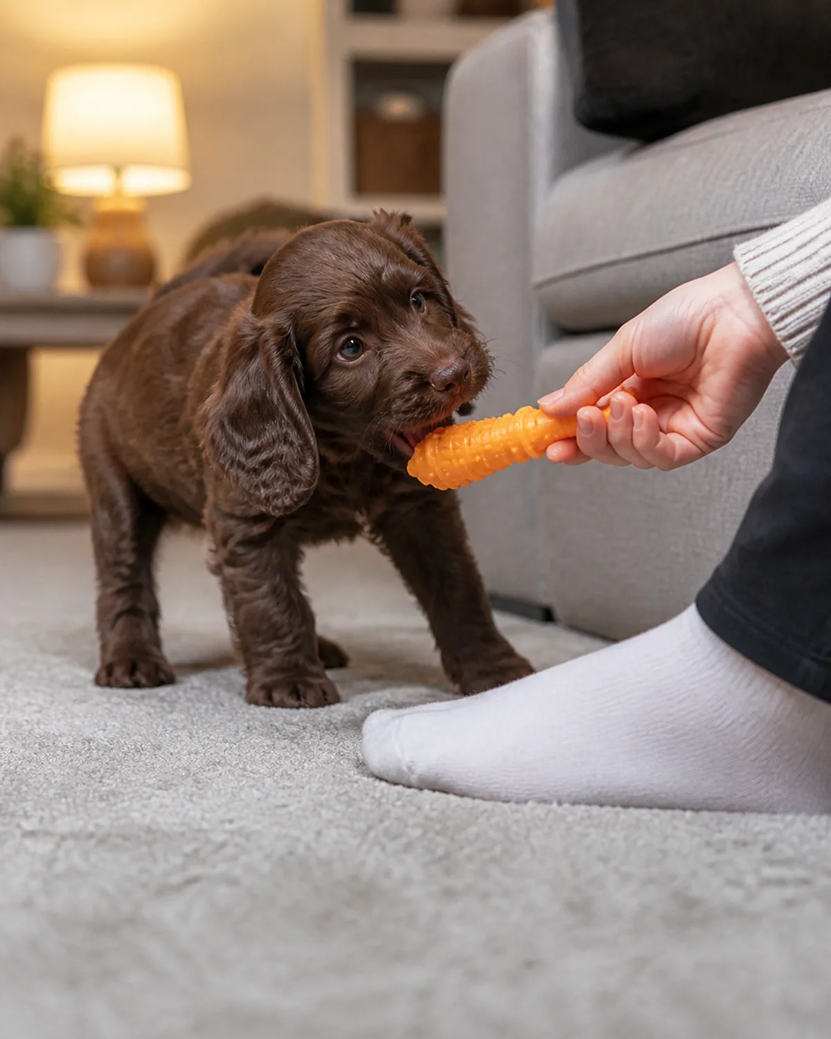 a small chocolate-brown puppy with a wavy coat floppy ears and a blunt muzzle on a light grey carpet near a sofa about to mouth a persons socked foot with a hand reaching in offering an orange rubber chew toy toward the puppys mouth to redirect attention from the foot to the toy in soft living room lamp light