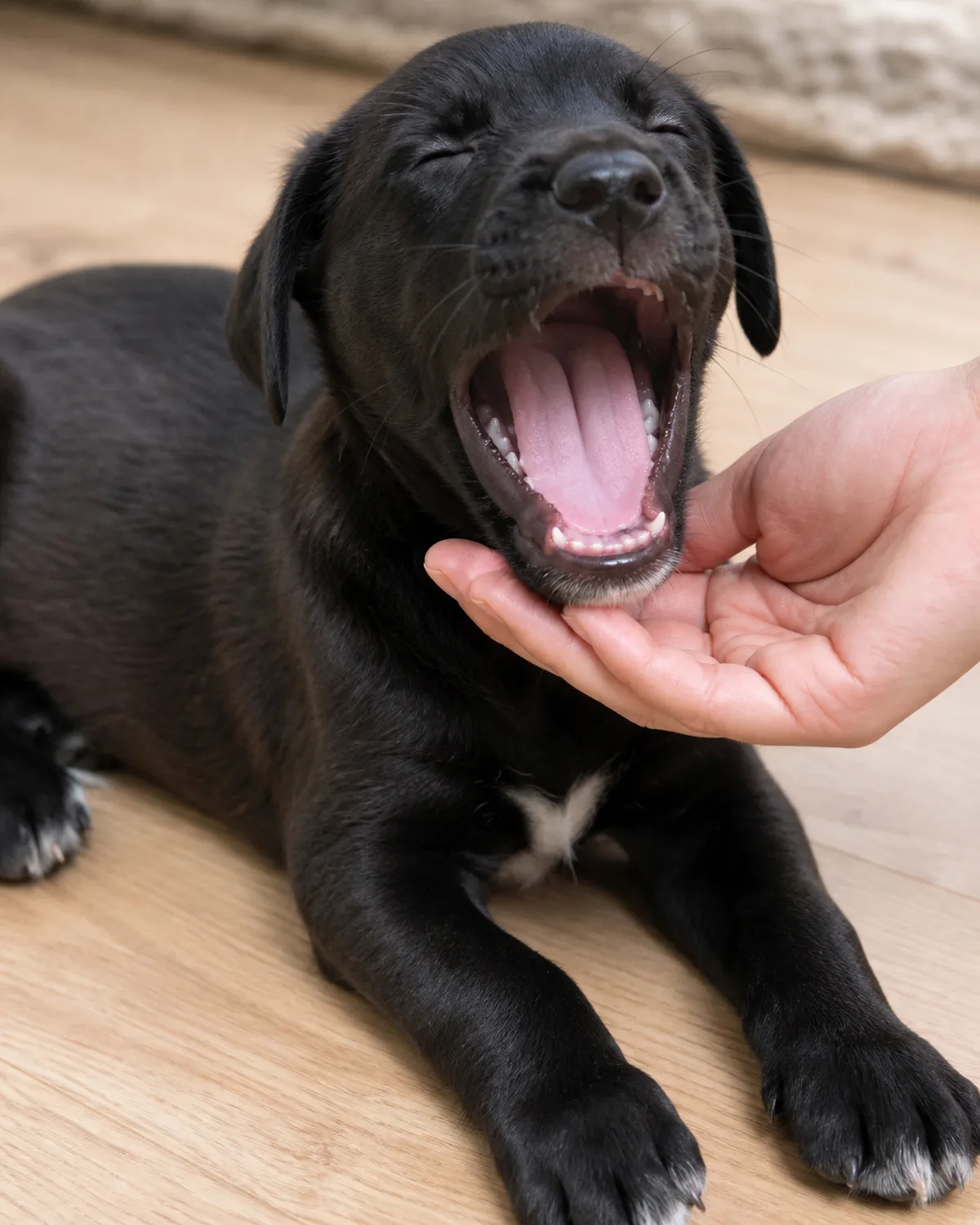 a small black puppy with a shiny short coat floppy ears a white chest patch and oversized paws on a pale wood floor yawning widely showing small baby teeth and slightly reddened gums in a natural relaxed expression with a persons hand gently supporting under the chin in soft indoor light