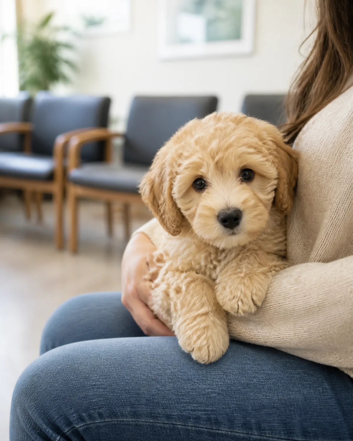 a small apricot-cream puppy with a curly coat round dark eyes and floppy ears sitting calmly on a persons lap in a bright veterinary waiting room looking relaxed not frightened with blurred waiting chairs and a light colored wall in the background in warm indoor light