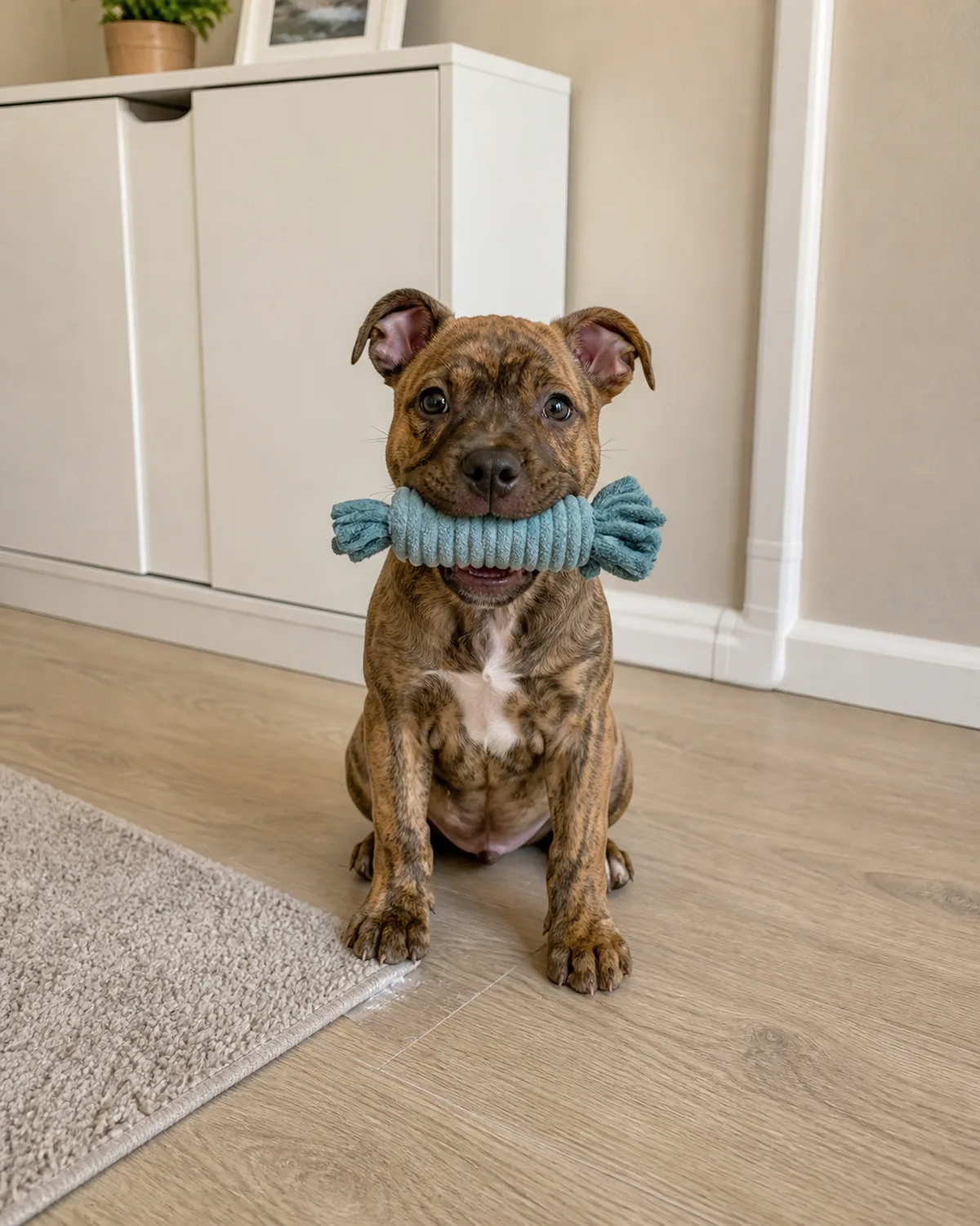 a small brindle puppy with dark stripes on a tan base rose ears and a wide chest sitting happily on a clean living room floor with a chew toy in its mouth with visible puppy-proofed details in the background including cord covers on wall cables a closed shoe cabinet and a flat carpet corner secured with tape in warm natural light