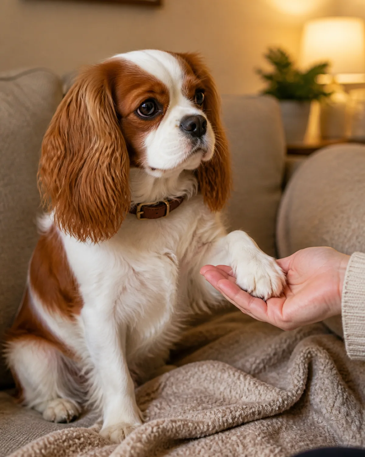 a small dog with a chestnut-and-white silky medium coat long feathered floppy ears and a gentle round-eyed face sitting on a soft blanket on a couch its small paw resting gently in a persons cupped hand both relaxed and comfortable warm lamp light