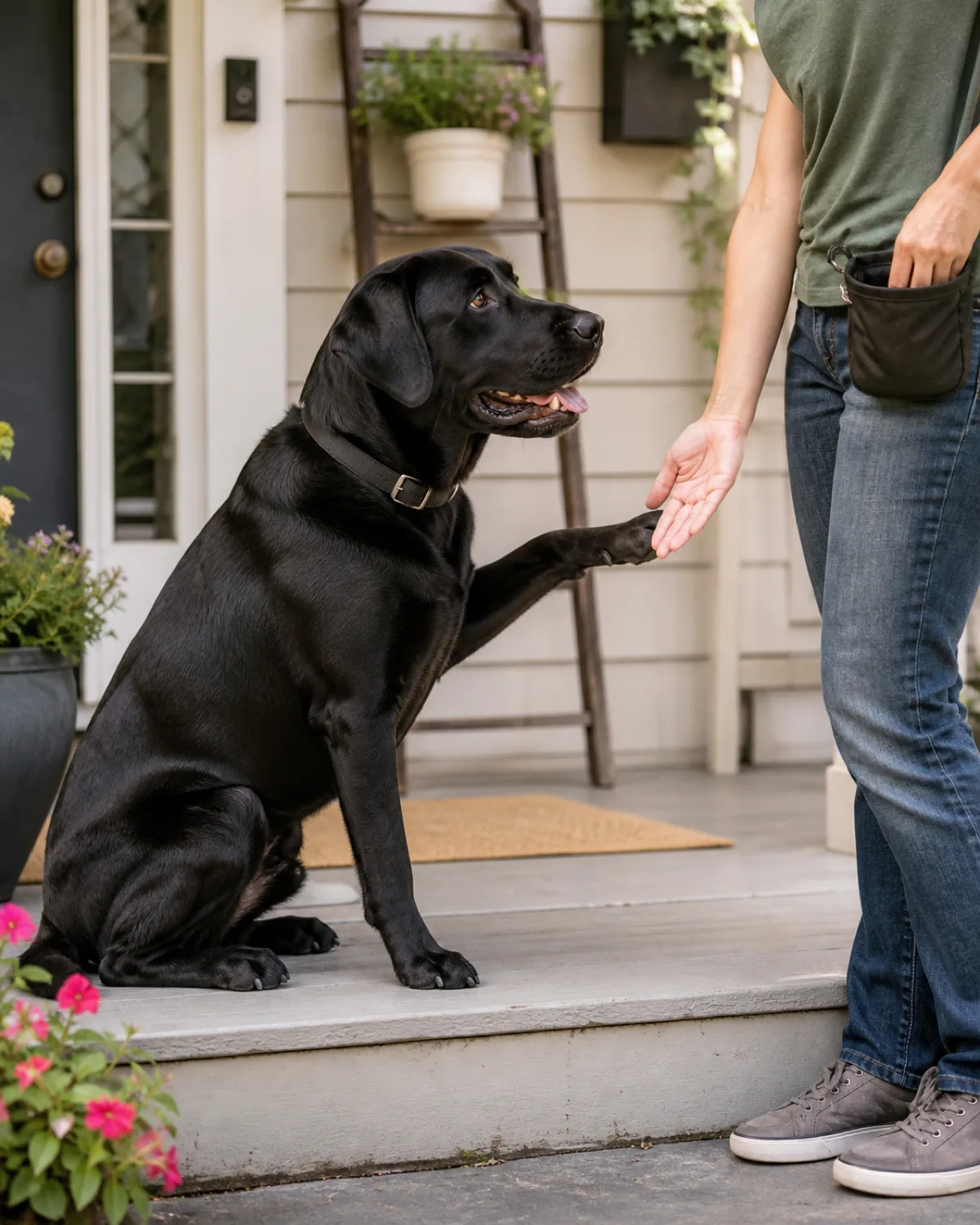 a large athletic solid-black short-coated dog with floppy ears and a glossy coat sitting on a front porch step reaching its right paw forward toward a persons extended empty open hand the persons other hand reaching into a treat pouch on their hip soft morning porch light