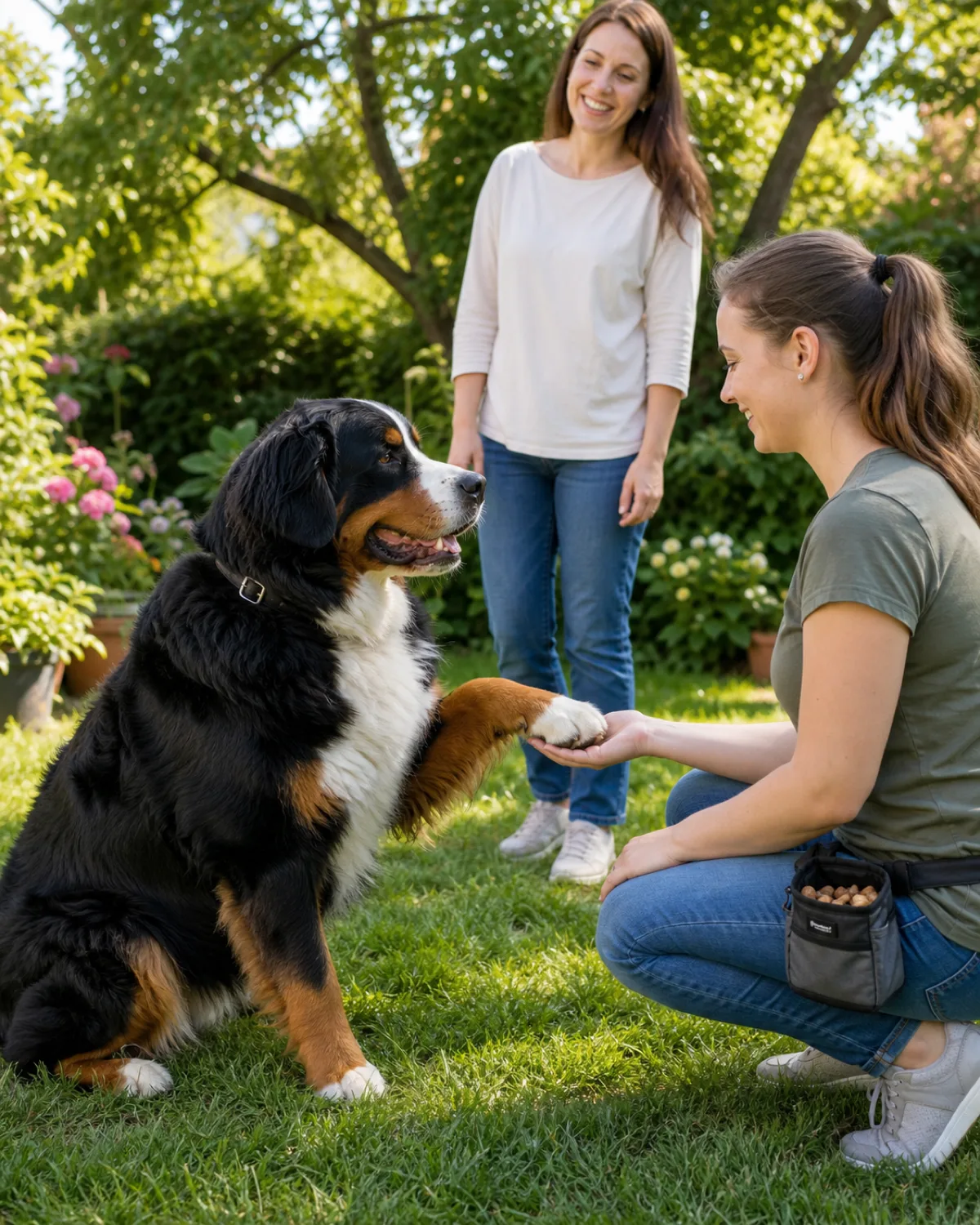a large sturdy dog with a thick tricolor coat black body rust eyebrows and legs white chest blaze and floppy ears sitting calmly in front of a new person who is crouching down and extending an open hand the dog reaching its paw toward the strangers palm a second person standing behind smiling bright outdoor garden setting