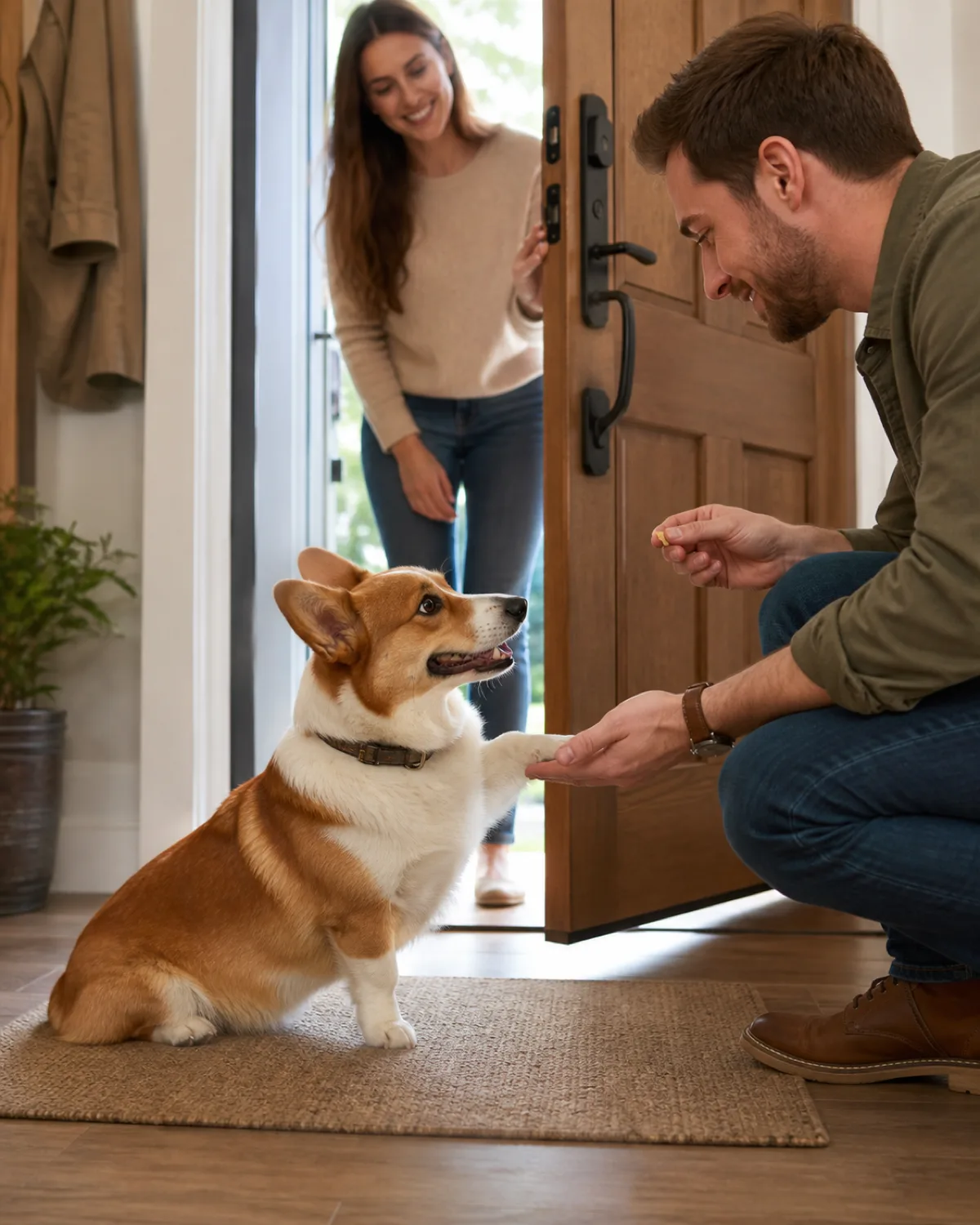 a medium dog with very short legs and a long low body a red-and-white coat oversized erect ears and a foxy face sitting by a front door as a visitor enters the visitor crouching down to shake the dogs paw while the dog sits politely with its paw extended the dogs owner standing behind the door smiling warm entryway light
