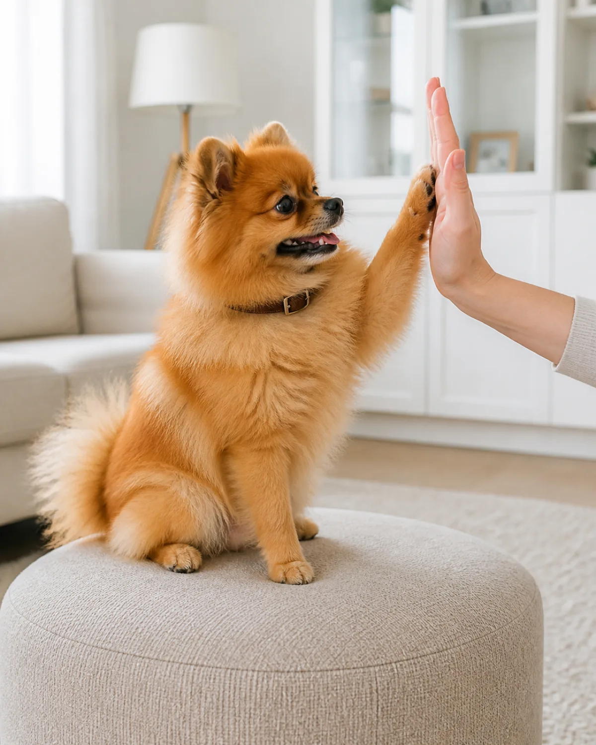 a tiny dog with a profuse fluffy orange double coat a foxy face small erect ears and a plumed tail curled over the back sitting on a low ottoman its right front paw raised and pressing flat against a persons vertically held open palm in a high-five gesture the dog looking delighted bright airy living room
