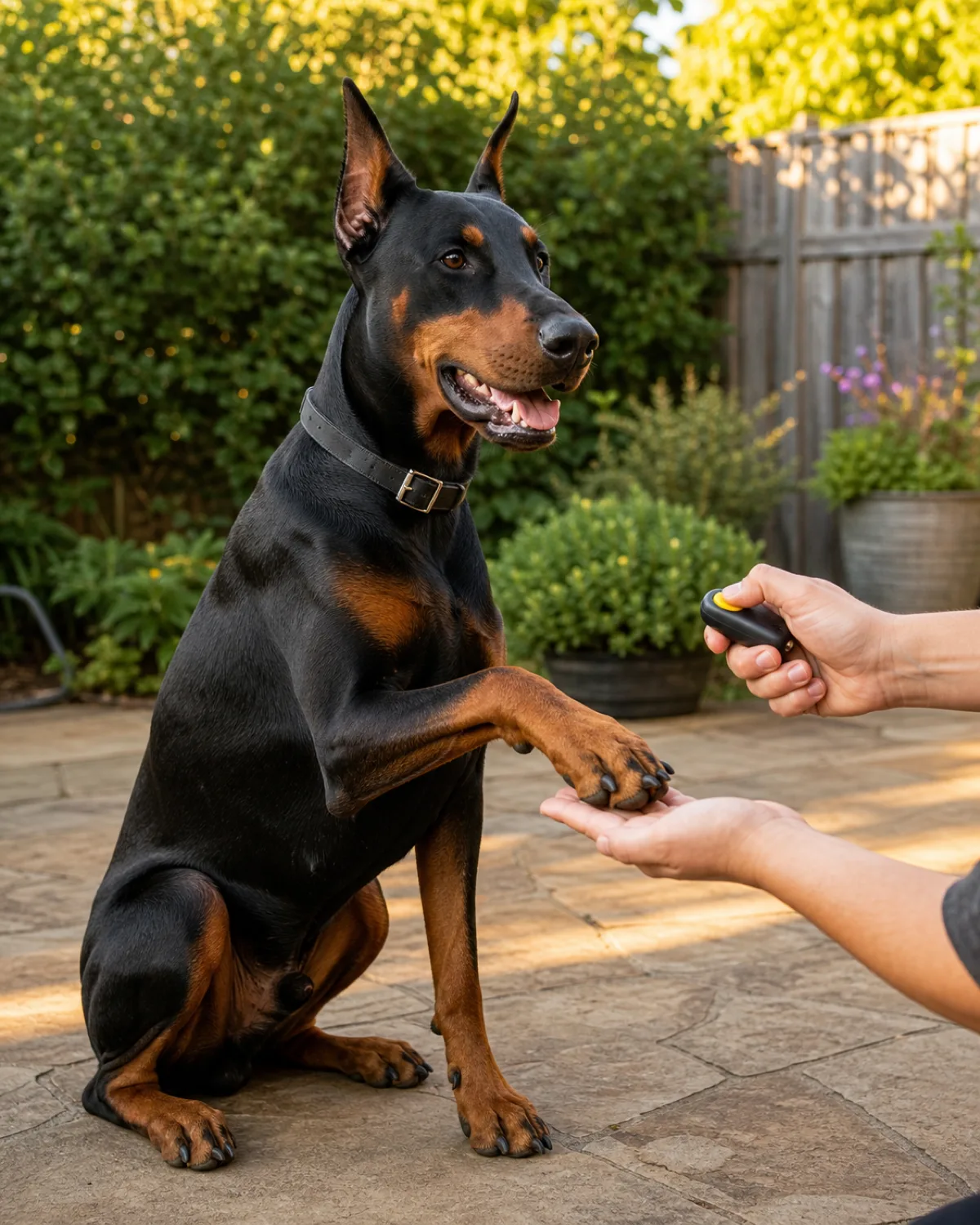 a large lean muscular dog with a sleek black-and-tan short coat sharp rust points upright ears and a long muzzle sitting on a patio with its right front paw touching a persons open palm the person holding a small clicker in the other hand with thumb pressing down golden afternoon light outdoor patio setting