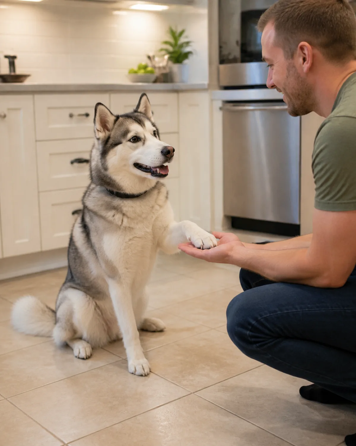 a medium athletic double-coated dog grey-and-white with a symmetric darker facial mask erect triangular ears and a bushy tail sitting on a kitchen tile floor performing a shake with a person crouching beside it bright overhead kitchen light
