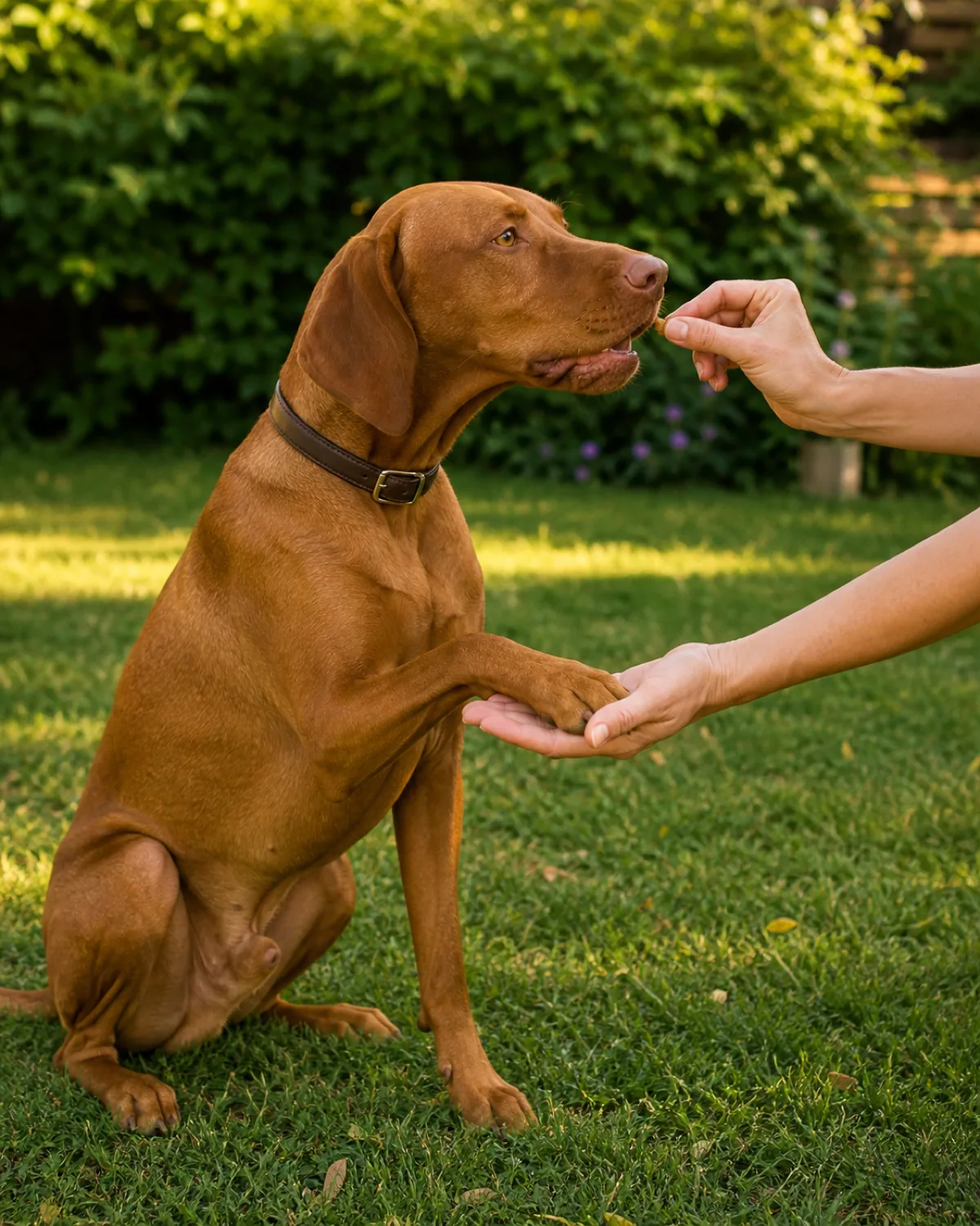 a medium-large sleek dog with a uniform rusty golden-brown short coat floppy ears and a lean athletic frame sitting on a grassy backyard lawn its left front paw lifted and touching a persons left hand the persons right hand reaching from behind to deliver a treat warm golden afternoon light