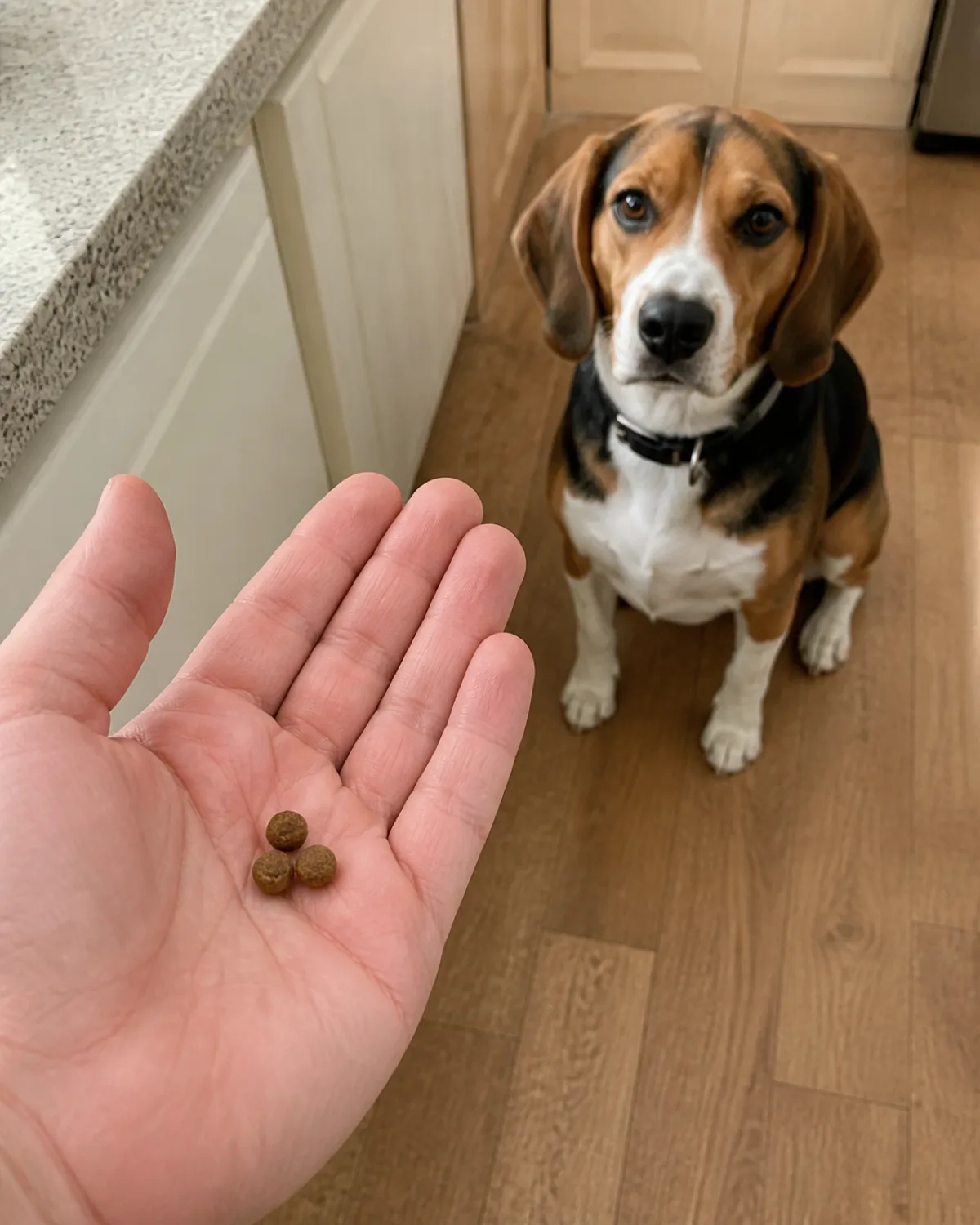 a close-up of a persons hand holding three tiny pea-sized soft training treats in an open palm a small sturdy tricolor short-coated hound with long low-set floppy ears sitting in the background looking eagerly at the hand bright kitchen counter light